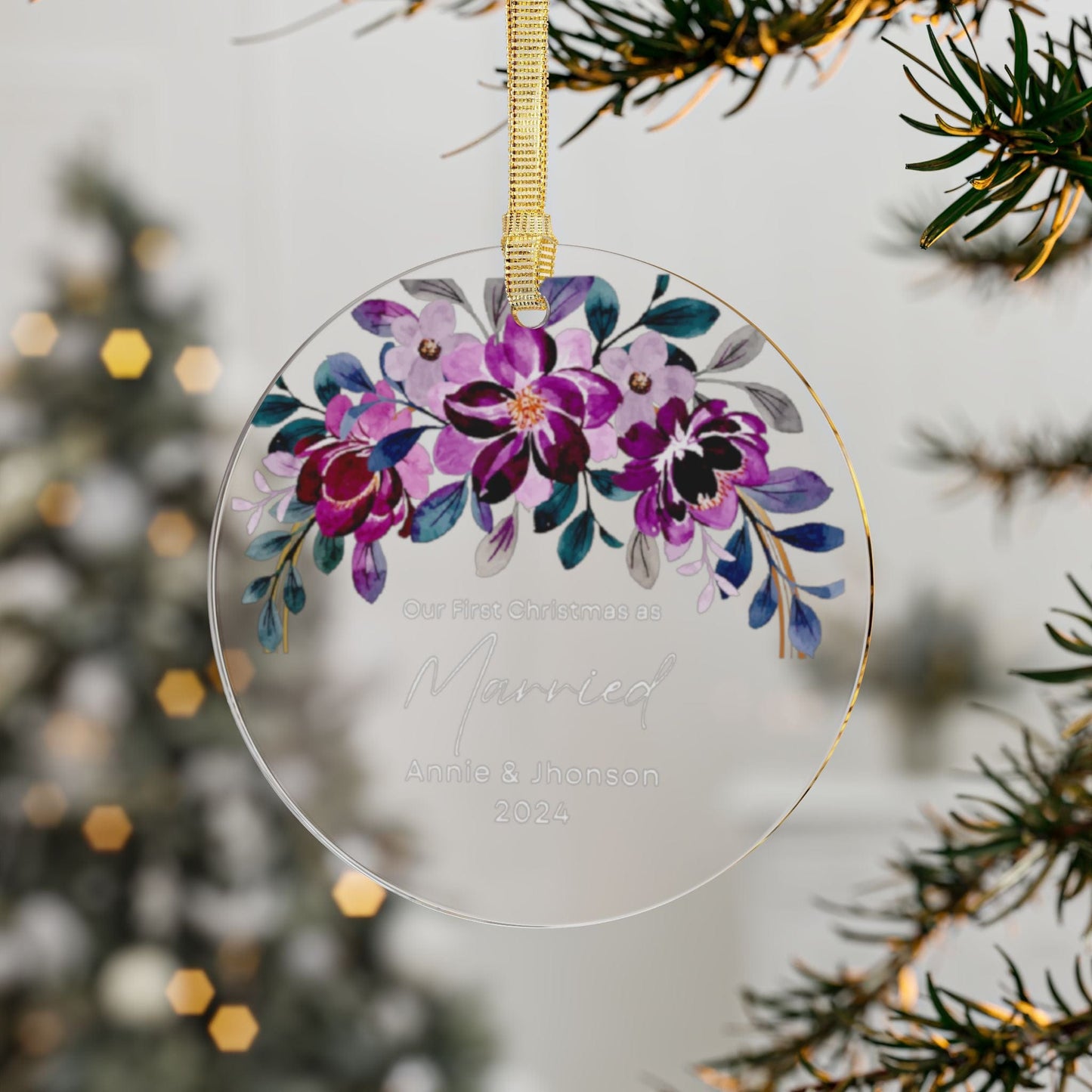 Purple White Custom Just Married Mr & Mrs Family Acrylic Ornament 2024 for Christmas (3.5inch) - Circle Shape | Unique Newly Weds/Housewarming Gift for Couples