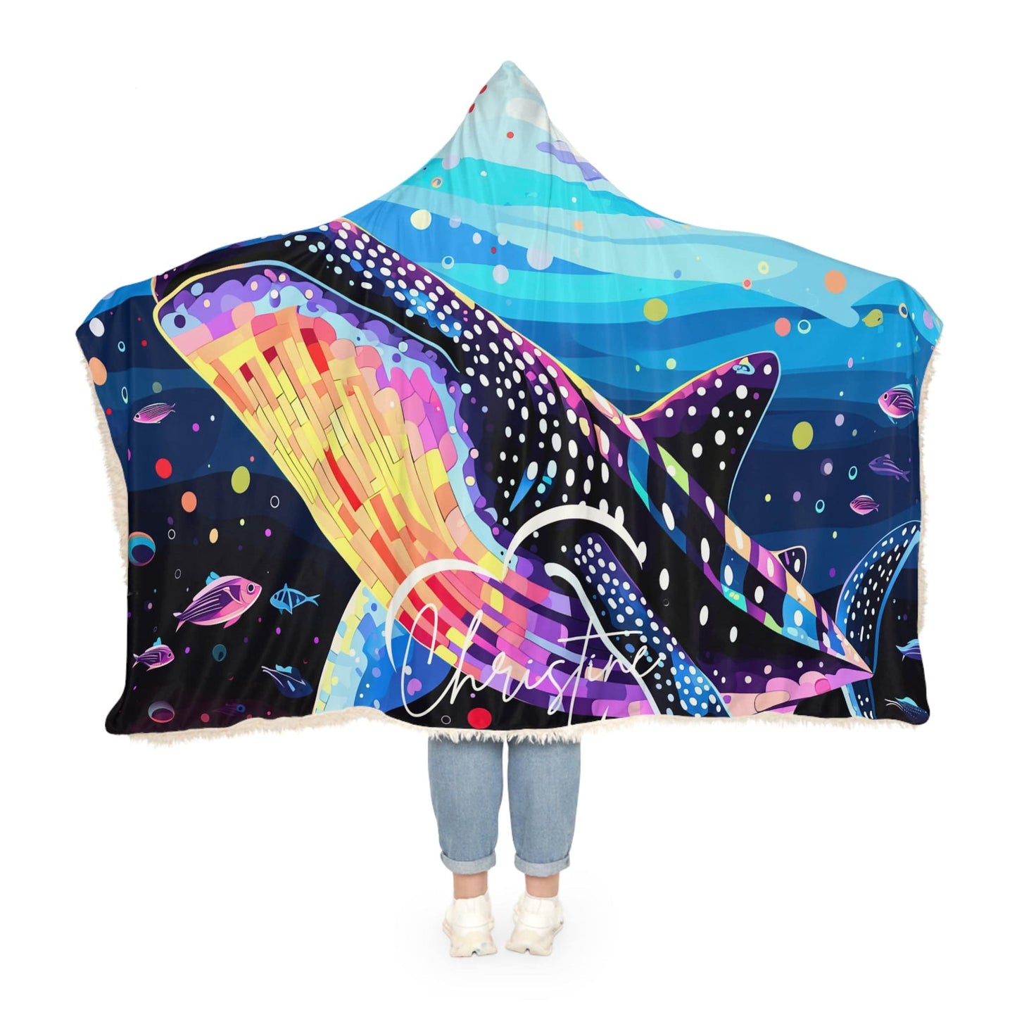 Soft Hooded Blanket Whale Shark (203 x 140 cm) with Custom Name - Oversized Wearable Blanket for Women