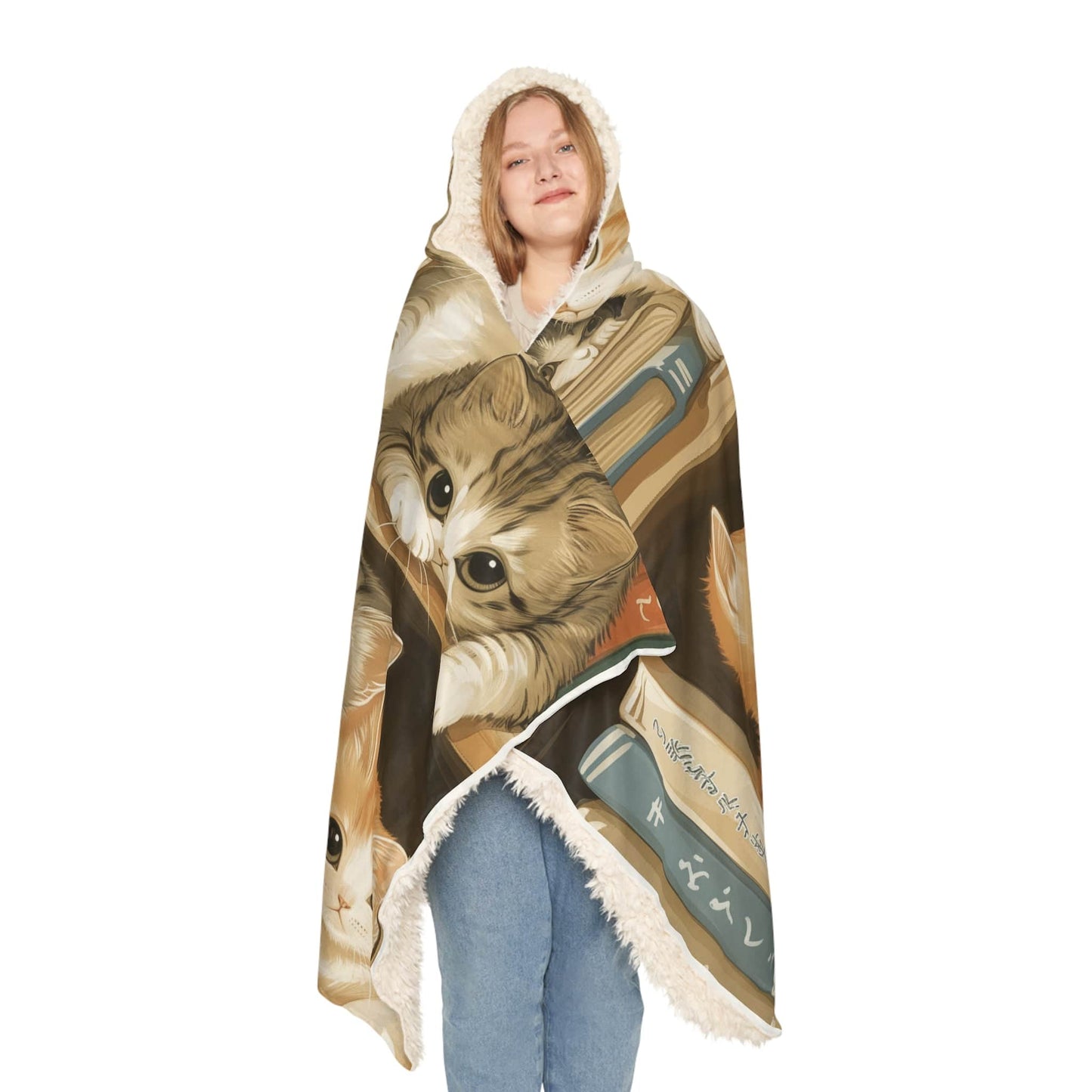 Fluffy Hooded Blanket Adorable Cats on Book Shelve (203 x 140 cm) for Cat Lovers