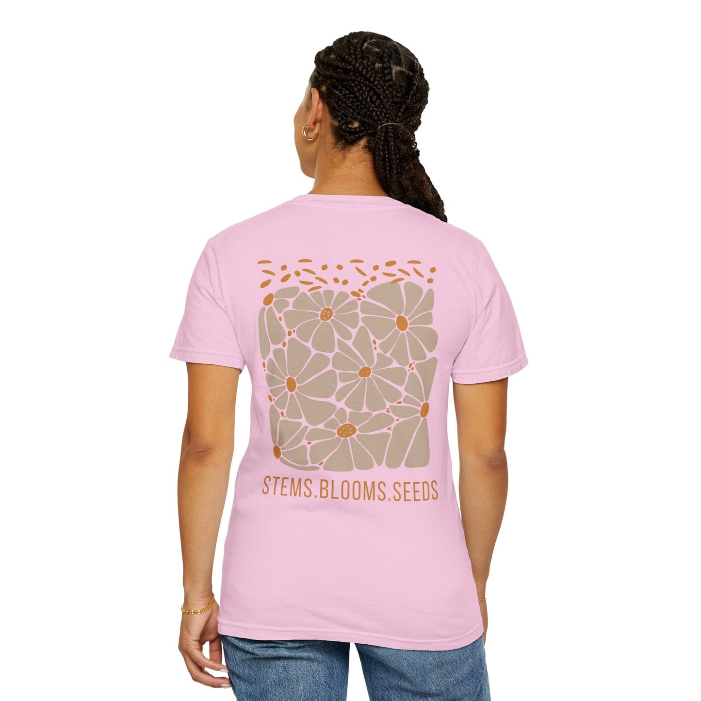 Boho Wildflowers Floral Back Print Graphic Tee for Women - Ivory/Blossom, Abstract Flower Nature Shirt