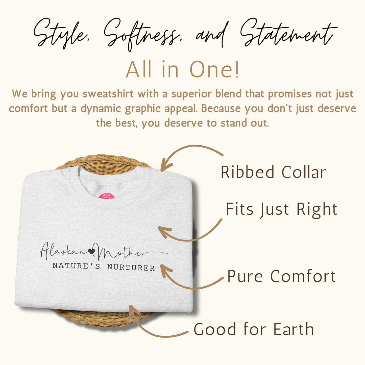 Detailed showcase of the features of the Alaskan Mother Personalized Crewneck Sweatshirt, highlighting quality and design aspects.