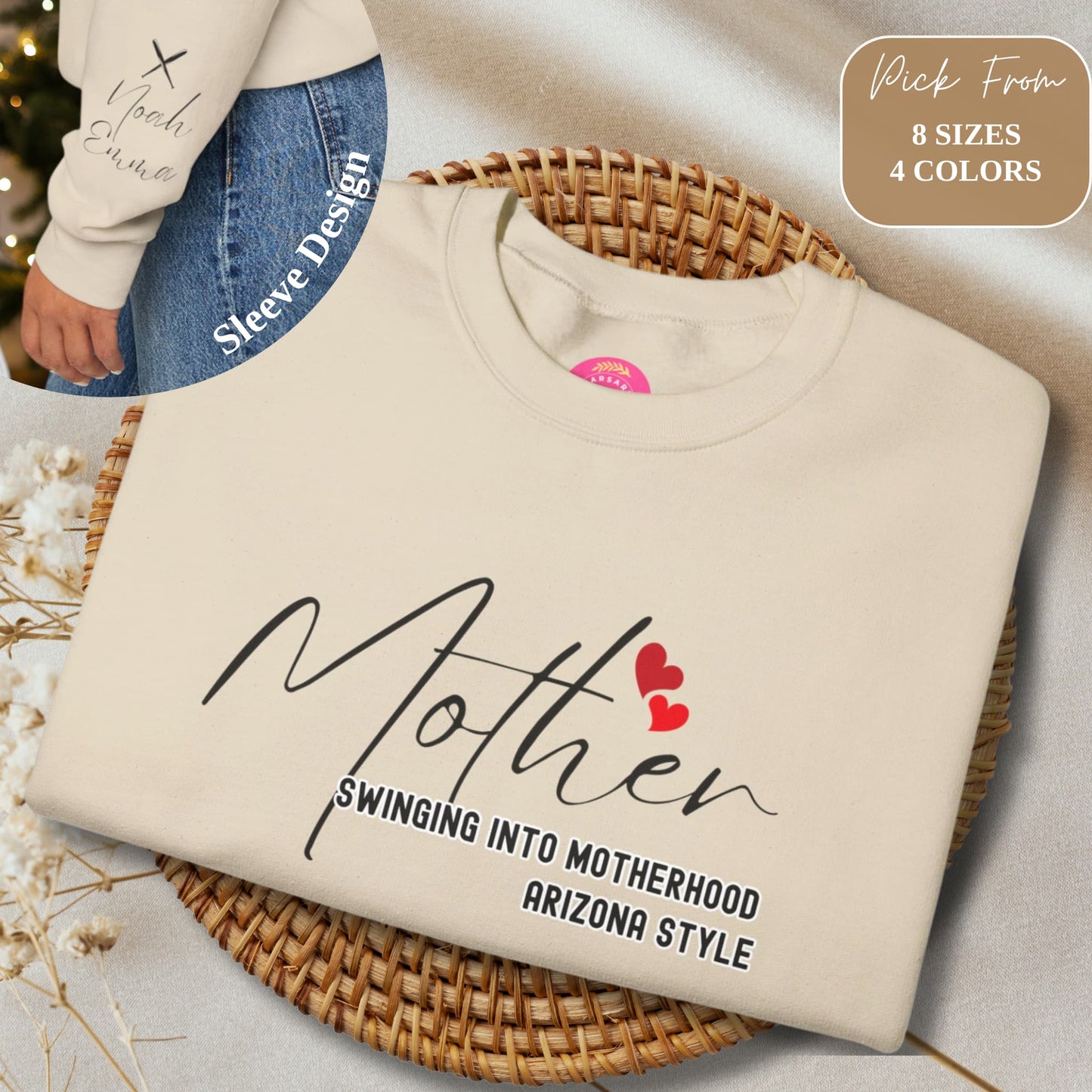 Folded Custom Baseball Mom Crewneck Gildan Long Sleeves Sweatshirt laid on a beige background, featuring Arizona style sleeve design with kids' names and baseball.