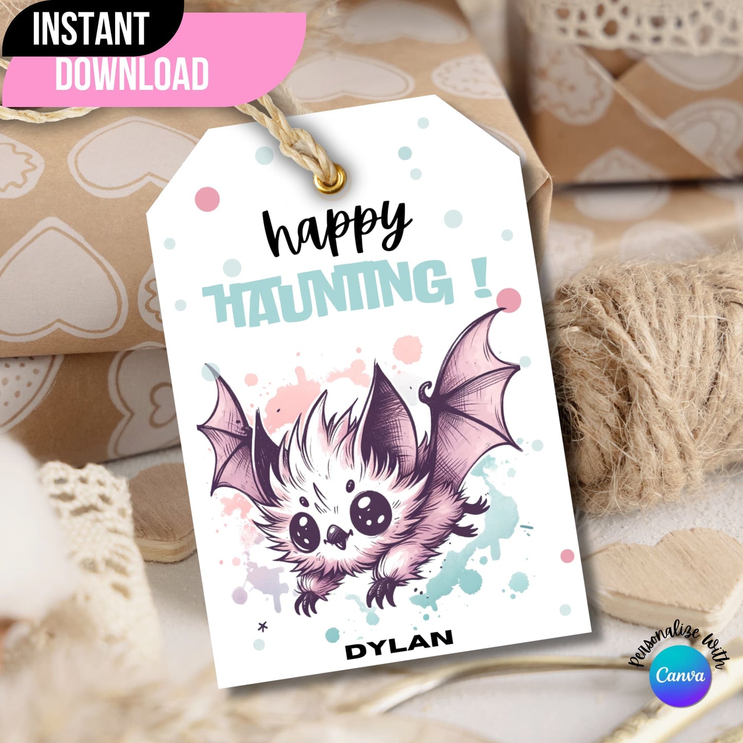 Customizable Halloween tag shown on a textured brown gift box.