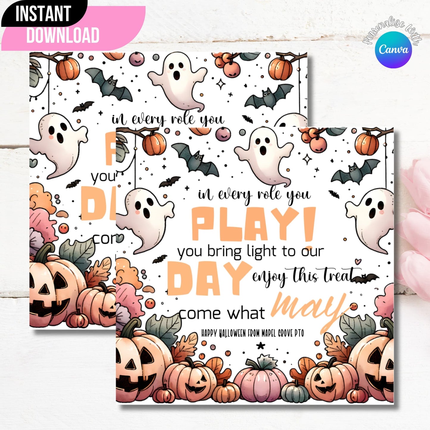 DIY Personalized Happy Halloween Appreciation Gift Tag Sticker on a Wooden Background