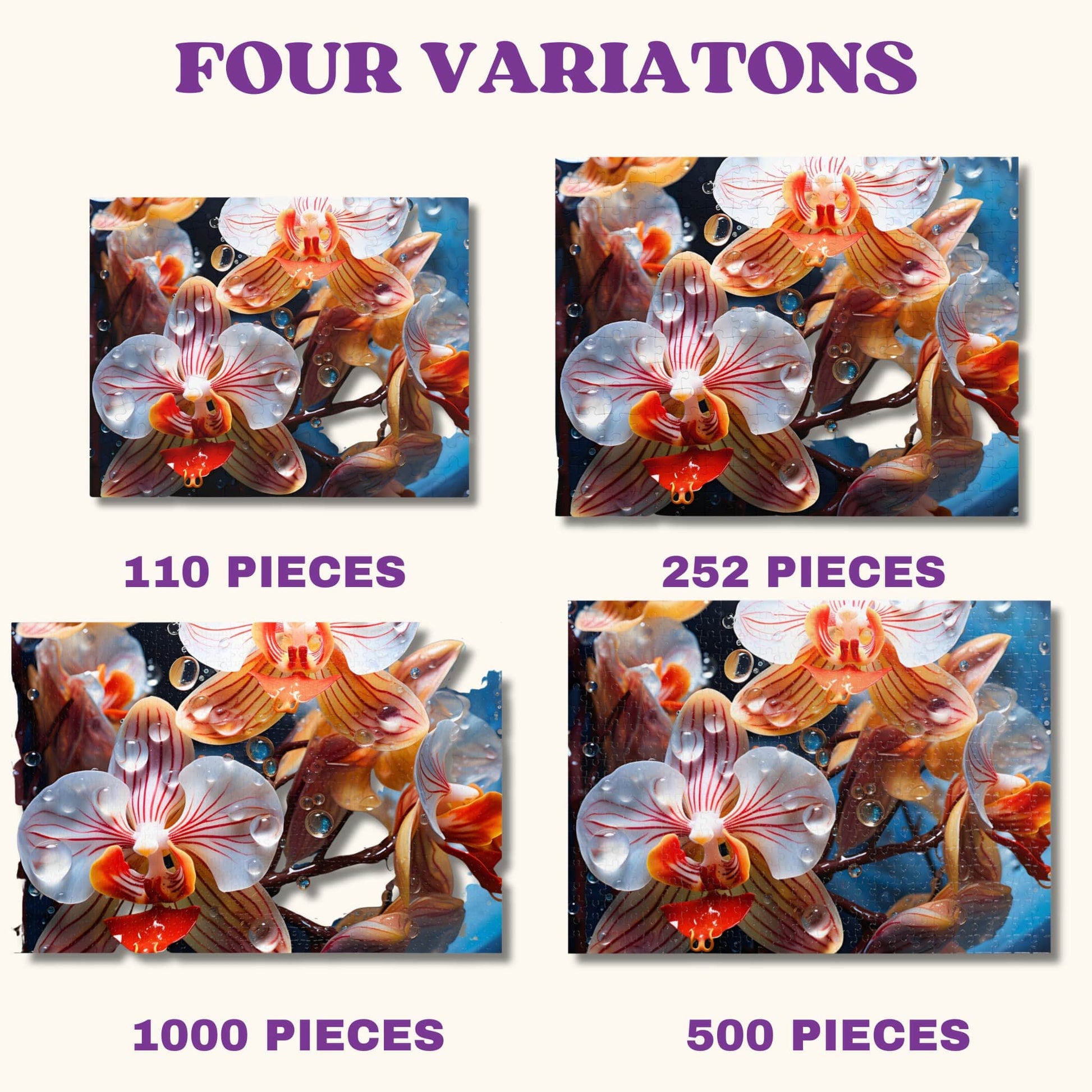 Variety of puzzle sizes including 110, 252, 500, and 1000 pieces, all featuring the Exotic Pink Orchid with water drops design