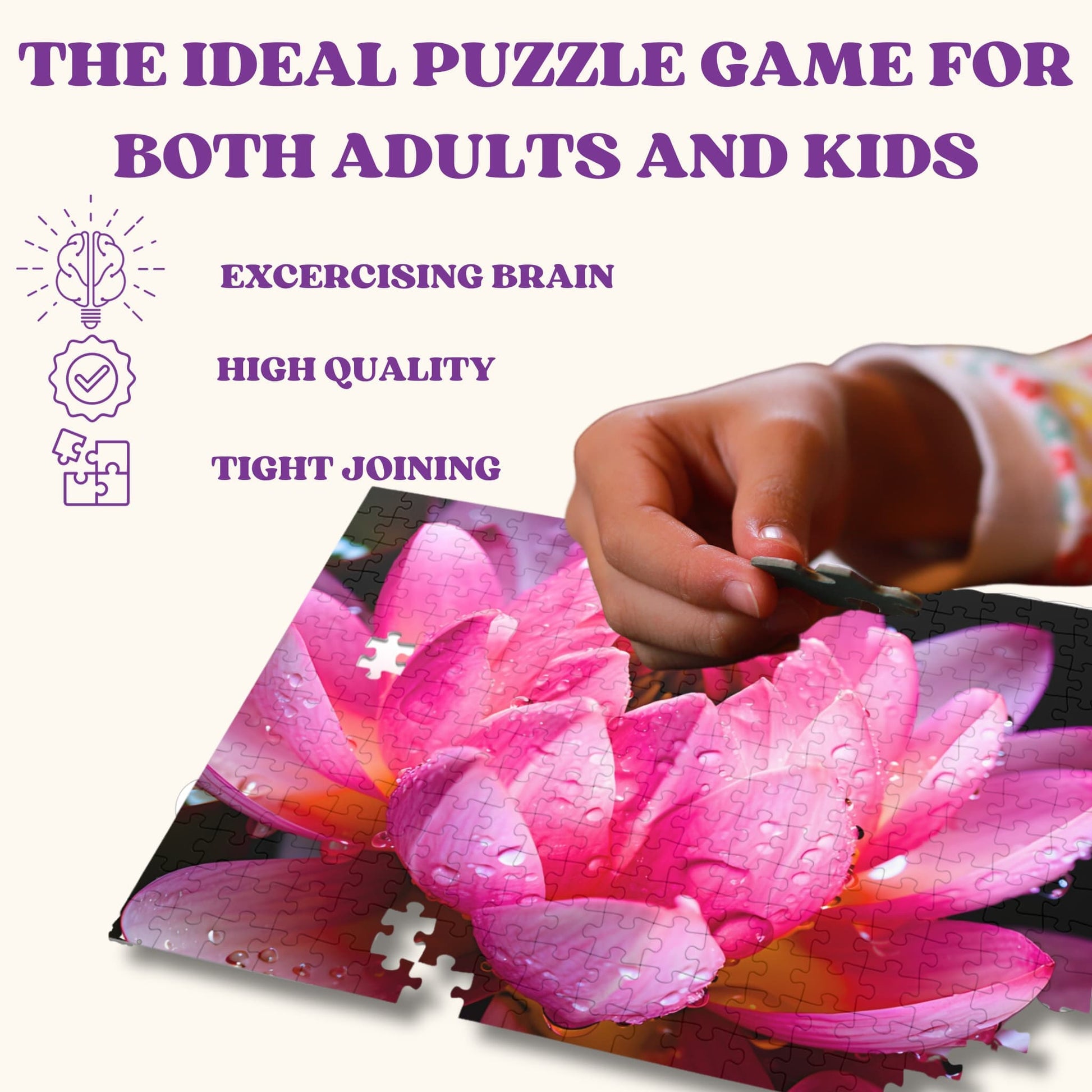 Highlight of the unique features, robust quality, and intricacy of the 500-piece Nelumbo Nucifera flower puzzle for educational and entertainment purposes.