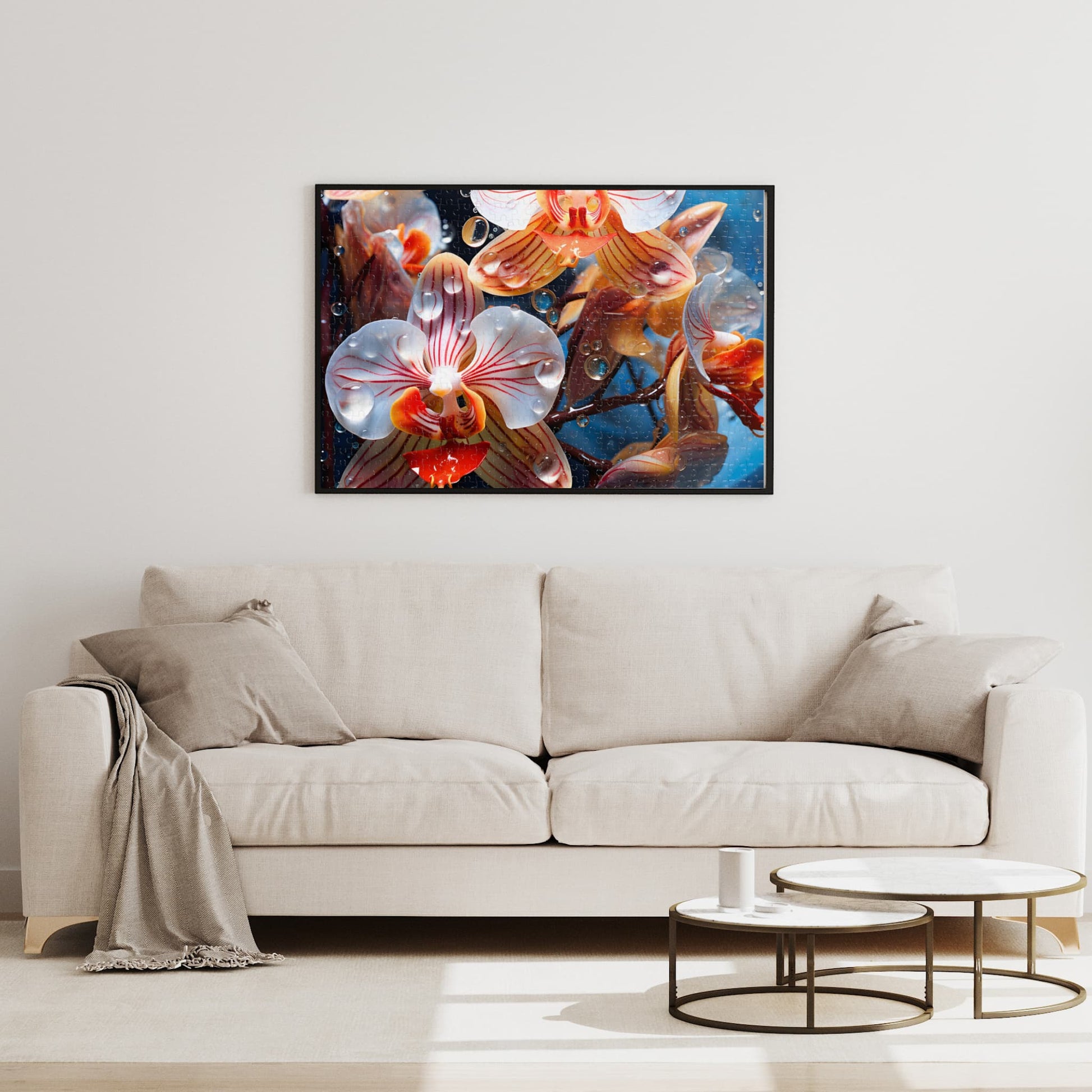 Framed 1000-piece Exotic Pink Orchid puzzle displayed elegantly on a living room wall