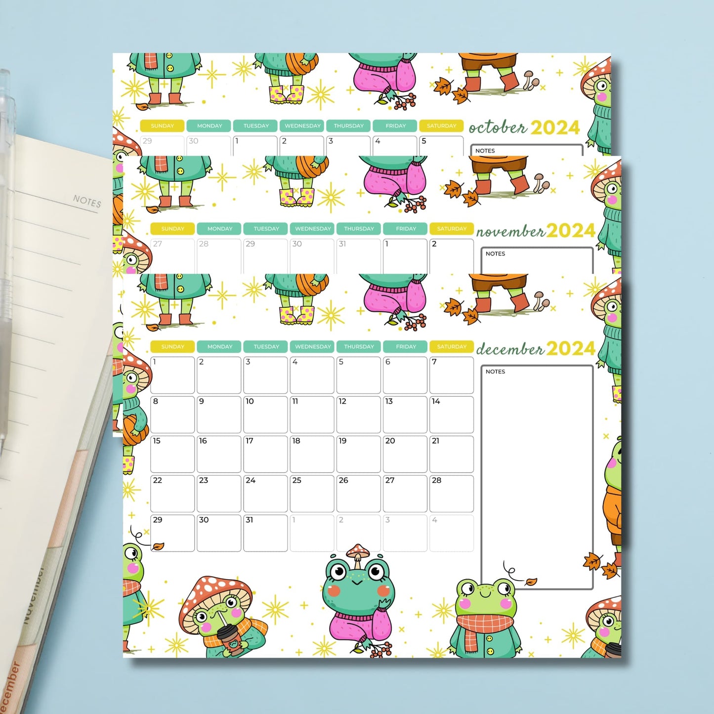 2024 October November & December Calendar Printables for Download laid on a notebook with blue background