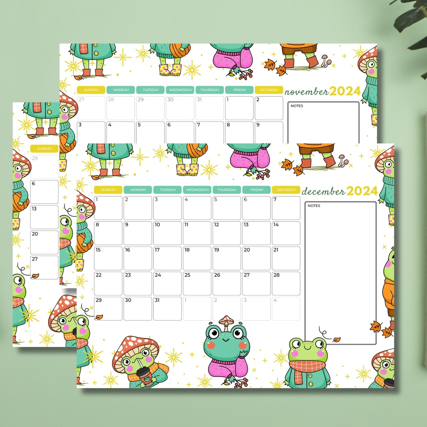 October November December 2024 Calendar Print Outs for Free Download against green colored background with a plant