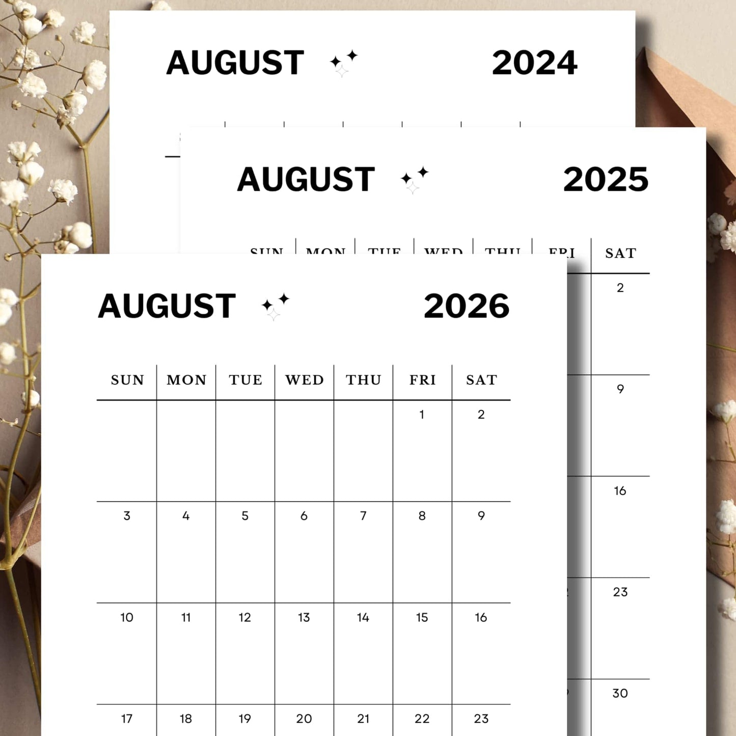 Free August 2024, 2025 & 2026 Printable Calendar for Download with envelope and flowers