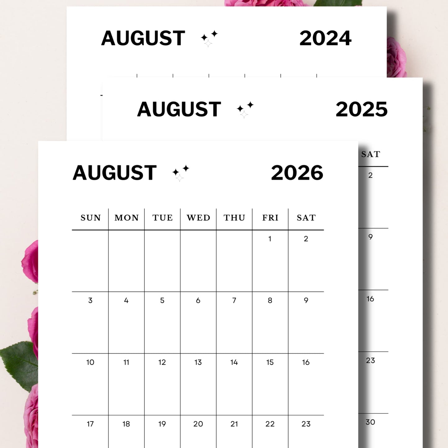 Download and Print 2024, 2025 & 2026 August Printable calendar with Pink Flowers in background