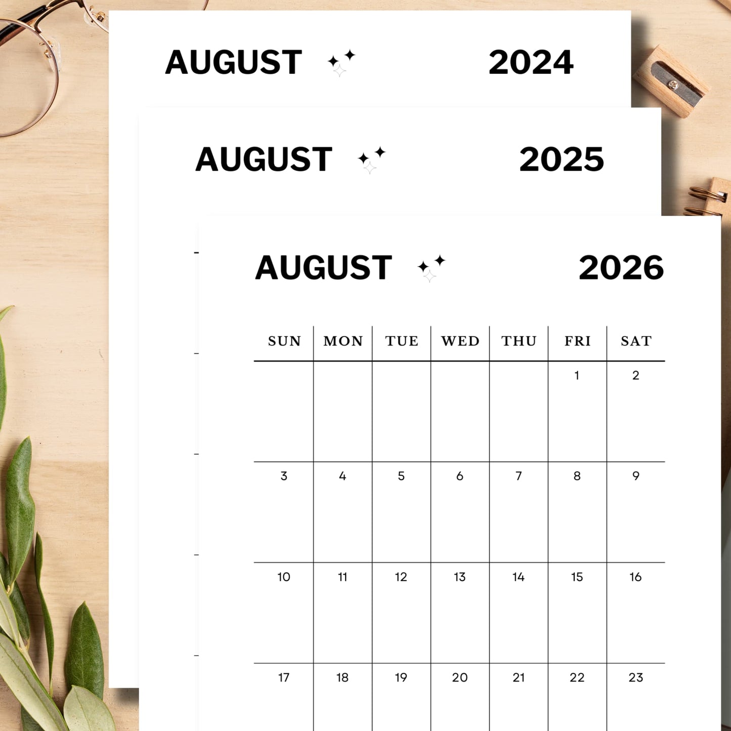 2024, 2025 & 2026 Minimalist Black August Printed Calendar Sheet for Kids with School Supplies
