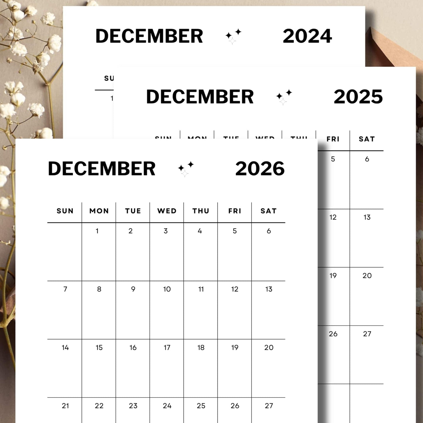 December 2024, 2025, 2026 printed calendar for download with envelope and flowers