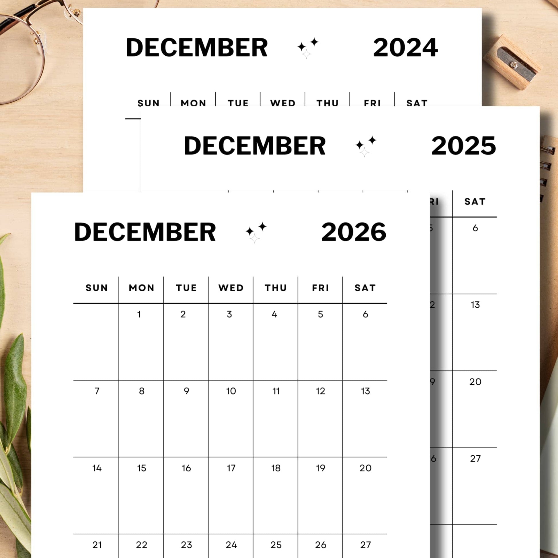 December 2024, 2025, 2026 calendar to print for kids with school supplies