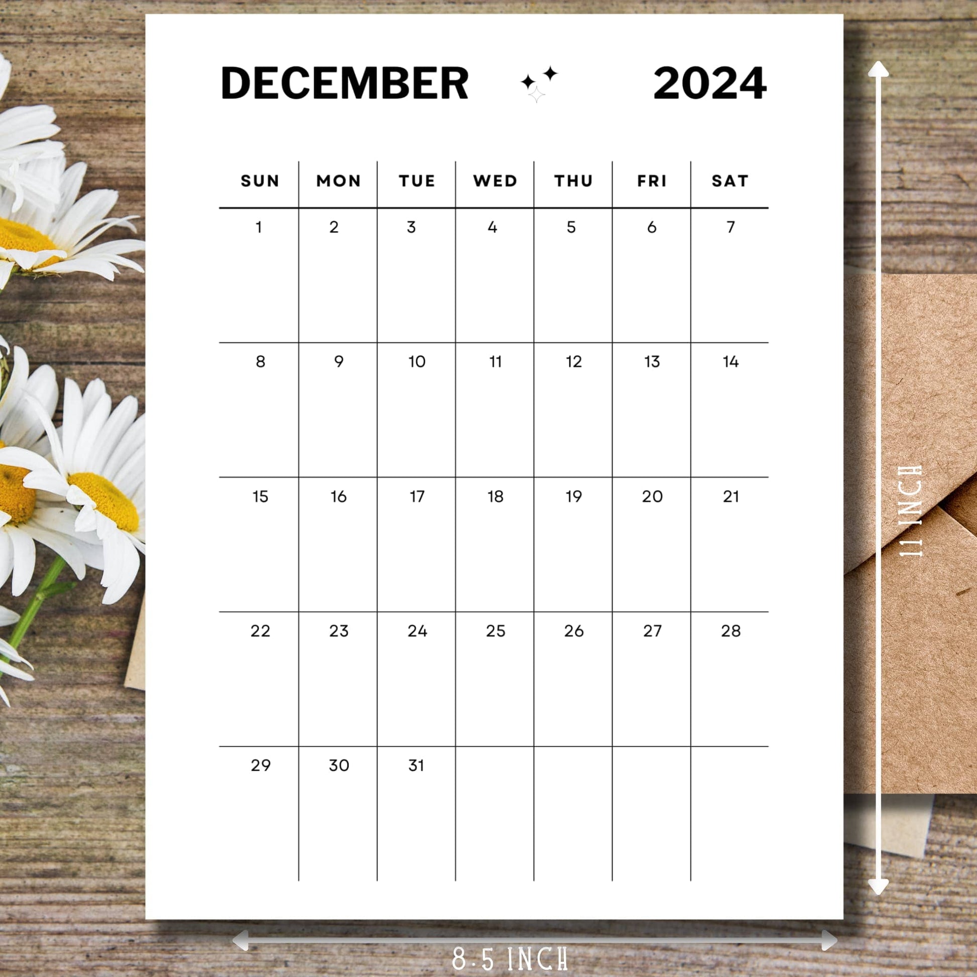 2024, 2025, 2026 december black and white calendar with size and dimensions