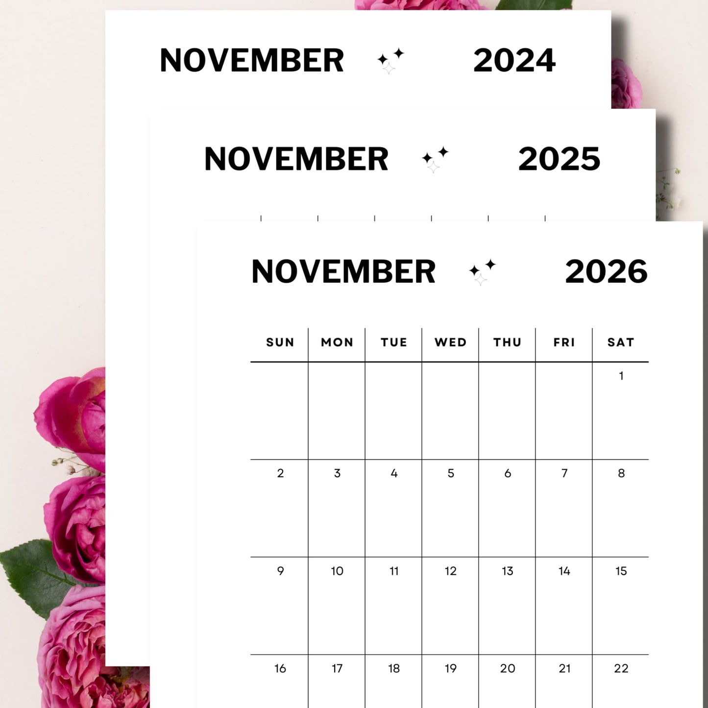 Download 2024, 2025, 2026 November Calendar with pink flowers in background