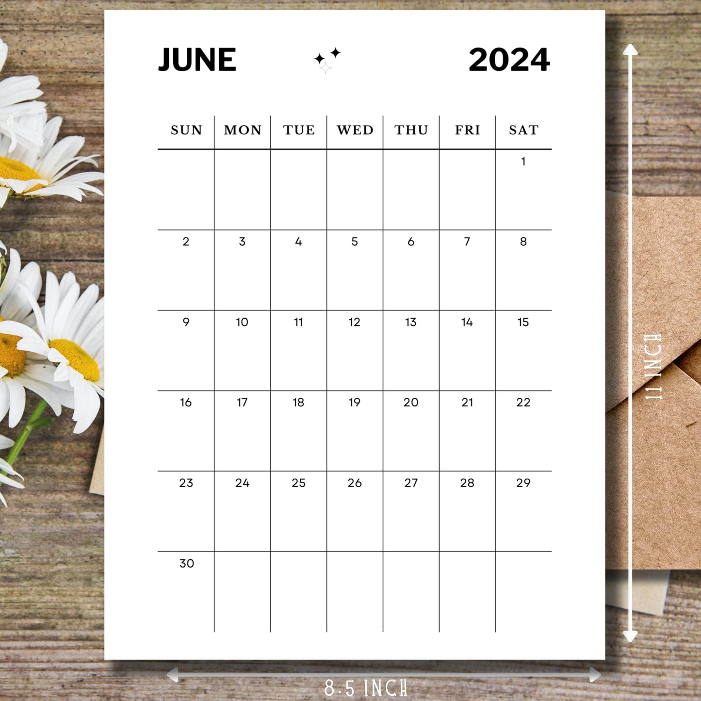 Free June Off-White Minimalist Printable 2024, 2025 & 2026 Monthly Planner with size guide dimensions