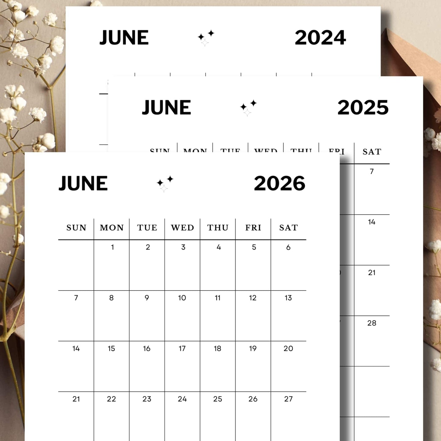 Digital Download June 2024, 25 & 26 Calendar with envelope and flowers in background