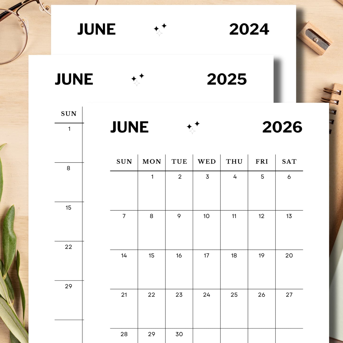 Free June Off-White Minimalist Printable 2024, 2025 & 2026 Monthly Planner with school stationary in the background