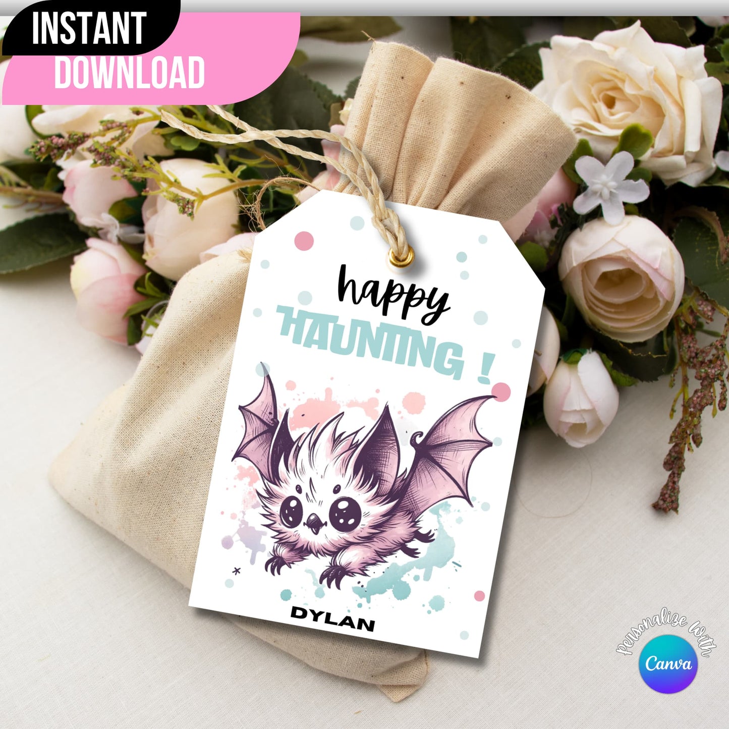 Free printable Halloween tag embellishing a gift bag, complemented by floral decorations.