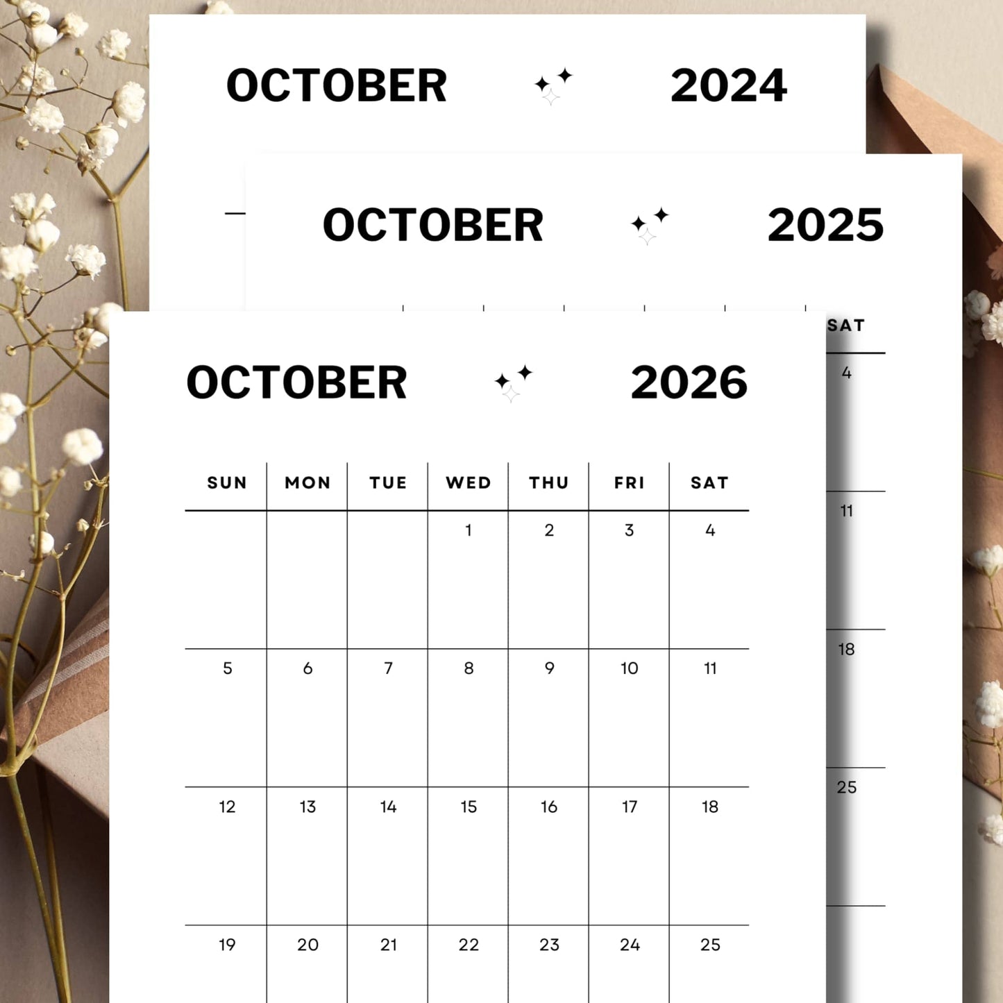 October 2024, 2025, 2026 Aesthetic calendar to print for home school with envelope and flowers