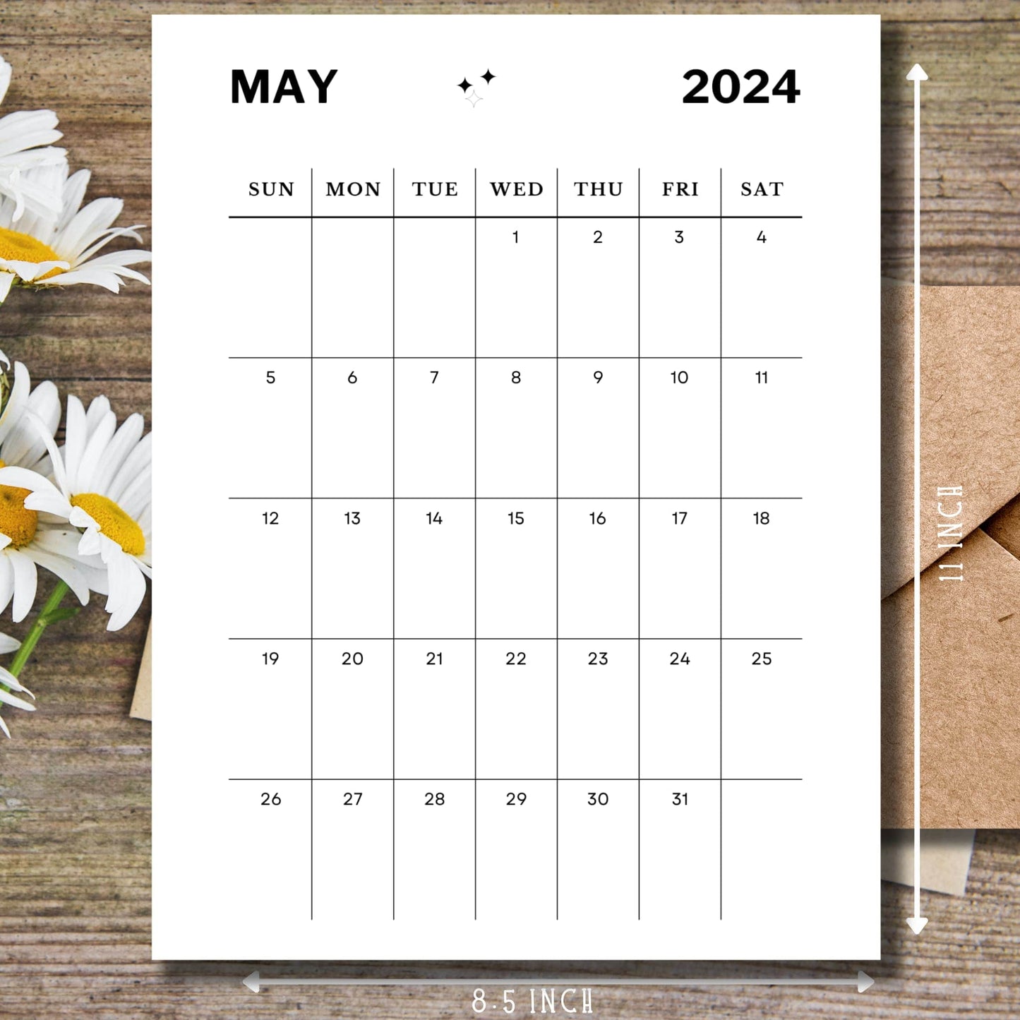 month of MAY 2024, 25, 26 printed calendar sheet with size guide for dimensions