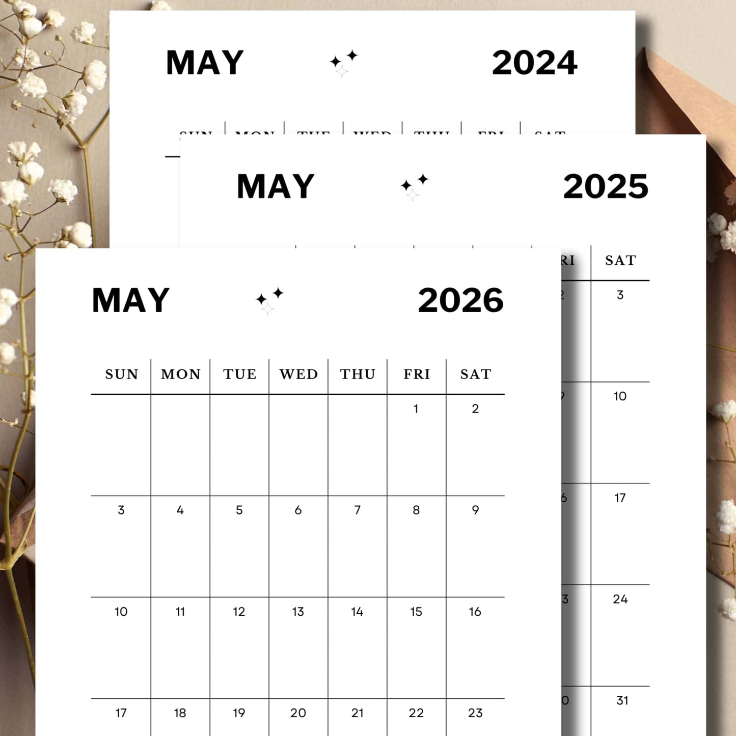 White and Black Simple May Calendar for the year 2024, 2025 & 2026 with envelope and white flower buds