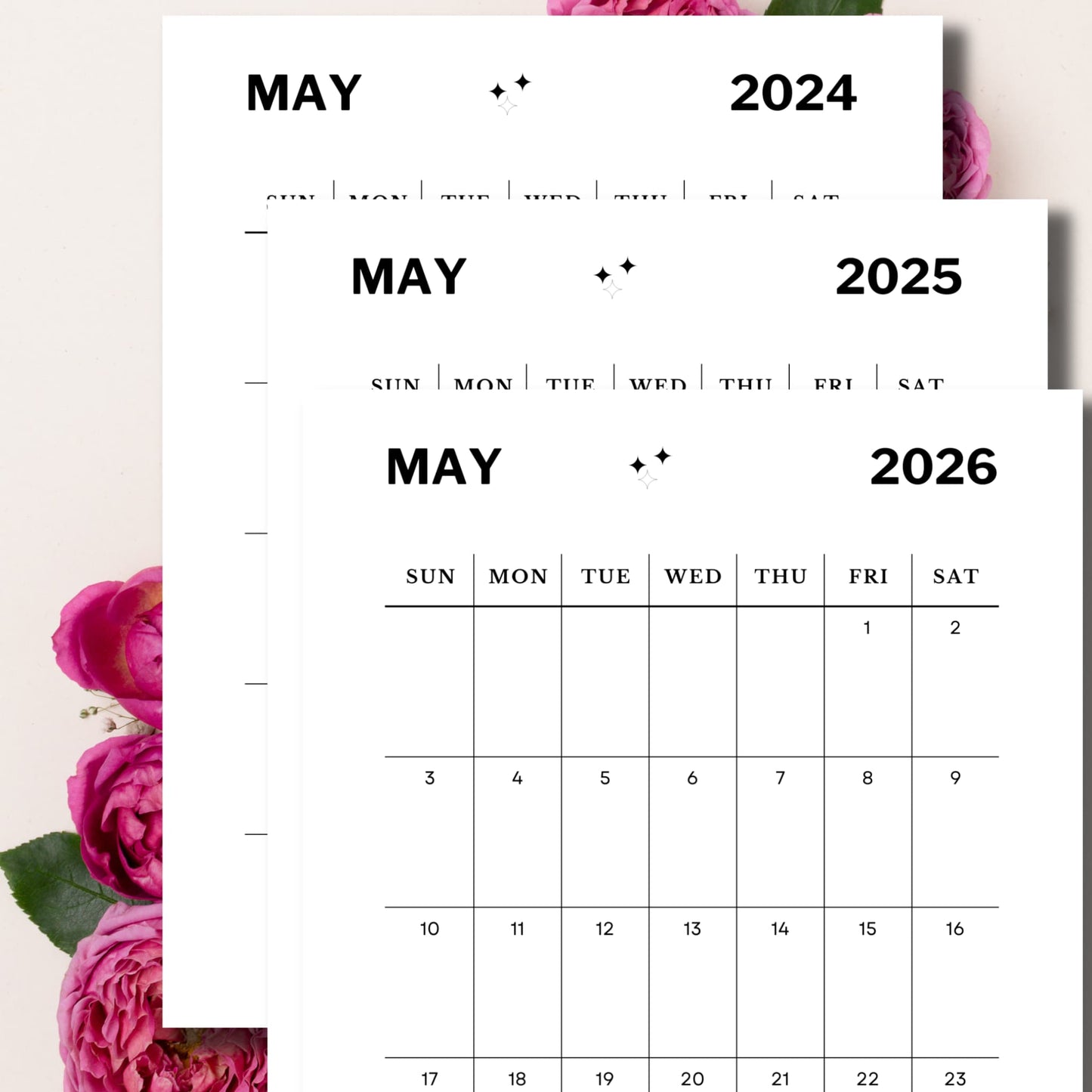 MAY 2024, 2025 & 2026 printable calendar sheet with pink flowers in the background