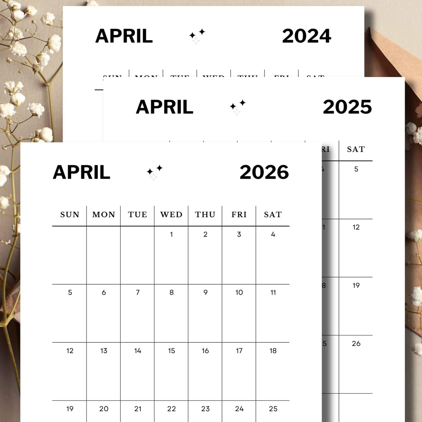 2024, 2025 & 2026 April Calendar Sheet Printed look with envelope and flower buds