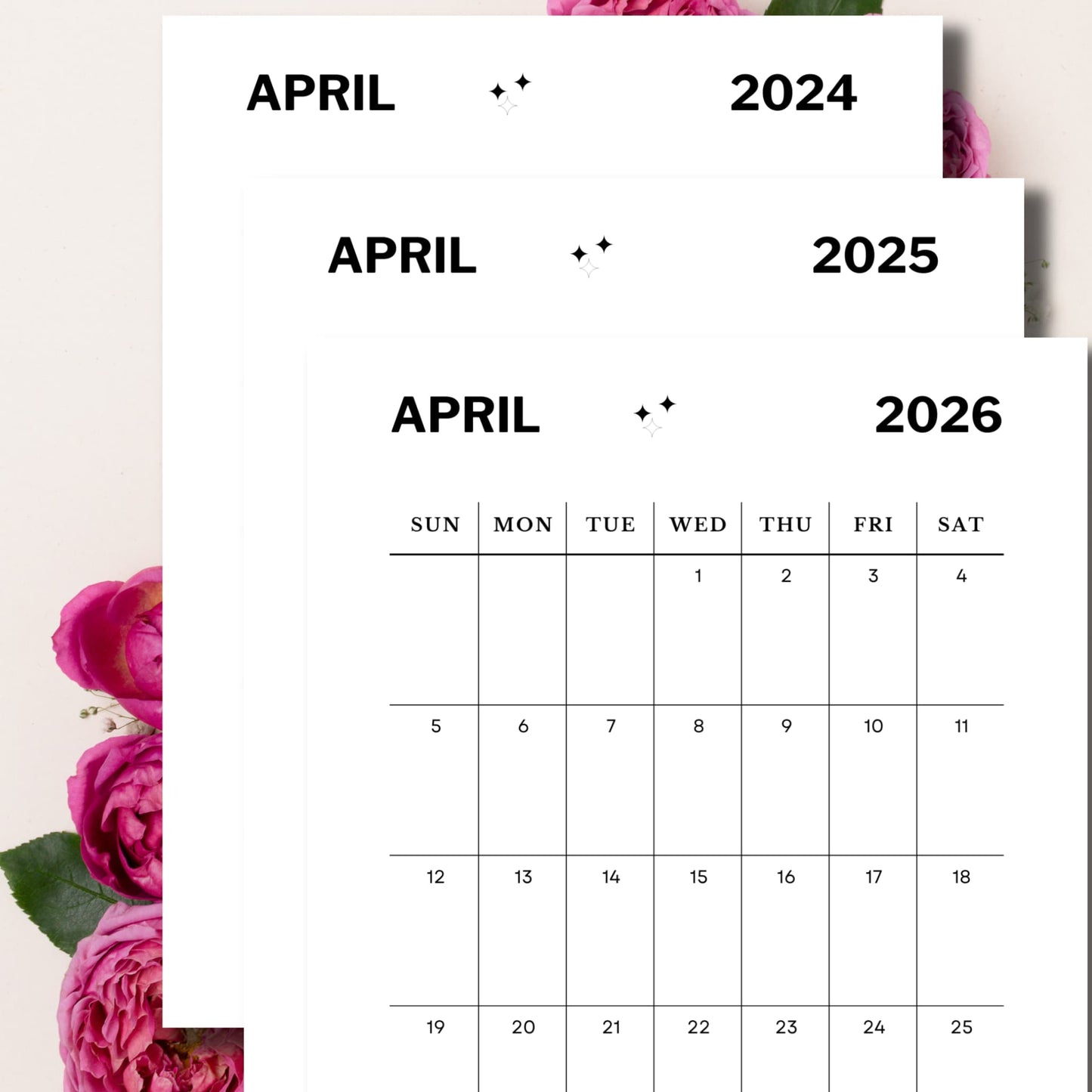 April Calendar printable on the pink peonies flowers