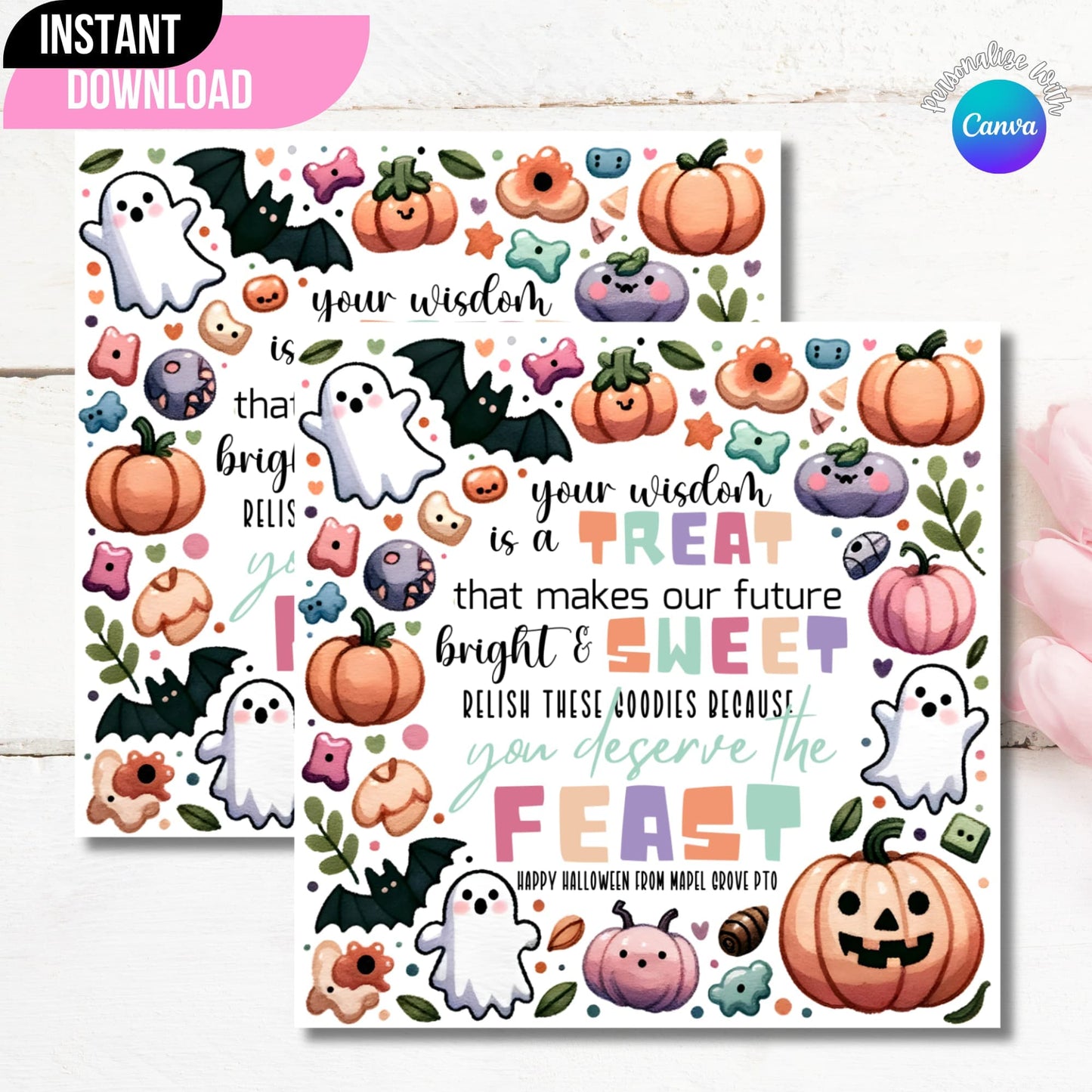 Halloween Appreciation Gift Tag Sticker on Wooden Background