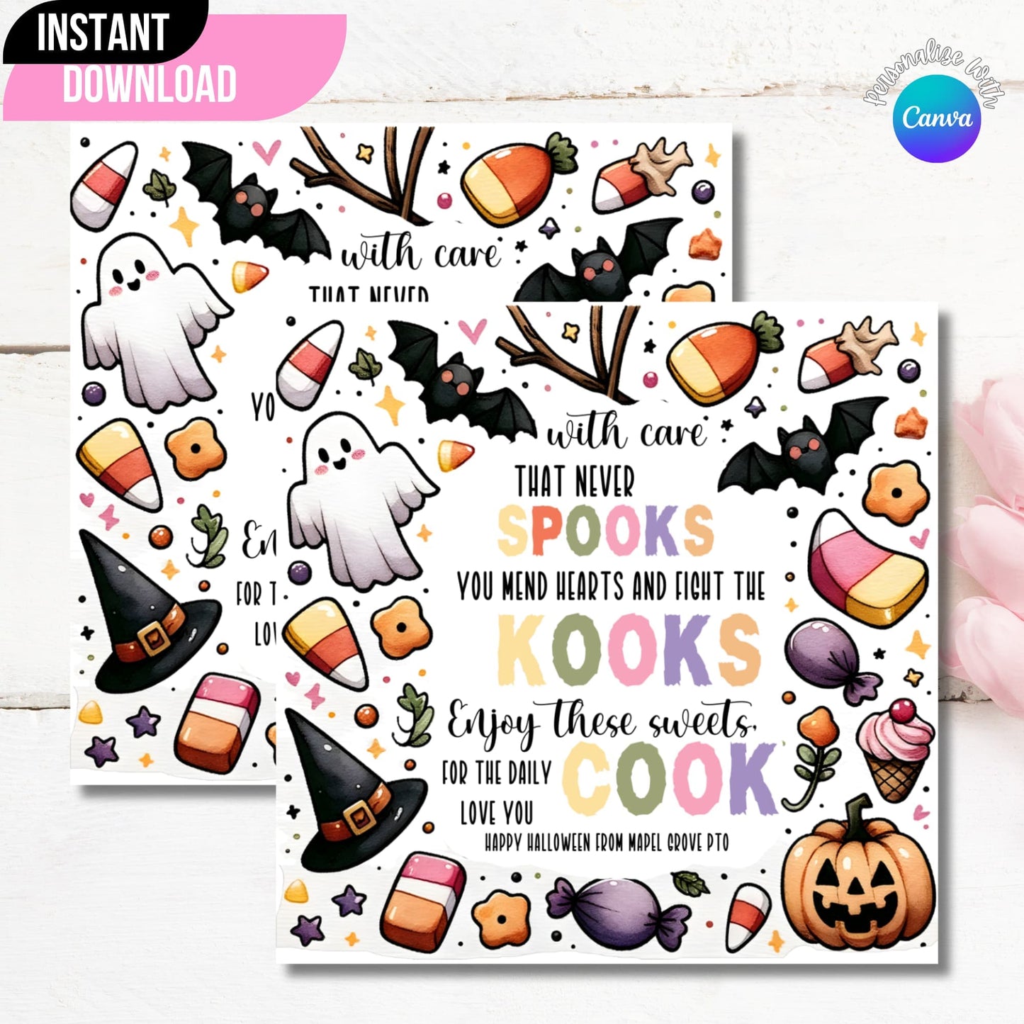Halloween Care Giver Appreciation Gift Tag Sticker on Wooden Background