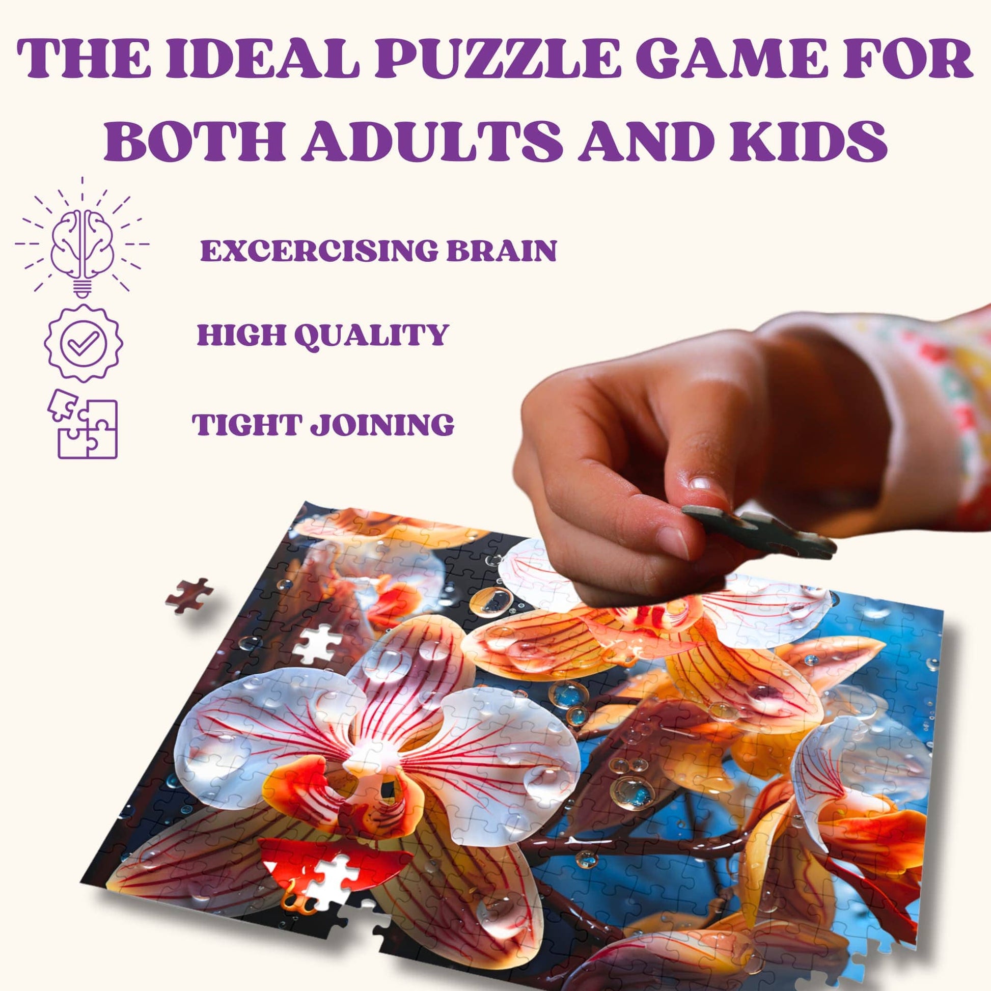 Hand assembling pieces of the 1000-piece Exotic Pink Orchid puzzle, with puzzle features displayed on the left side
