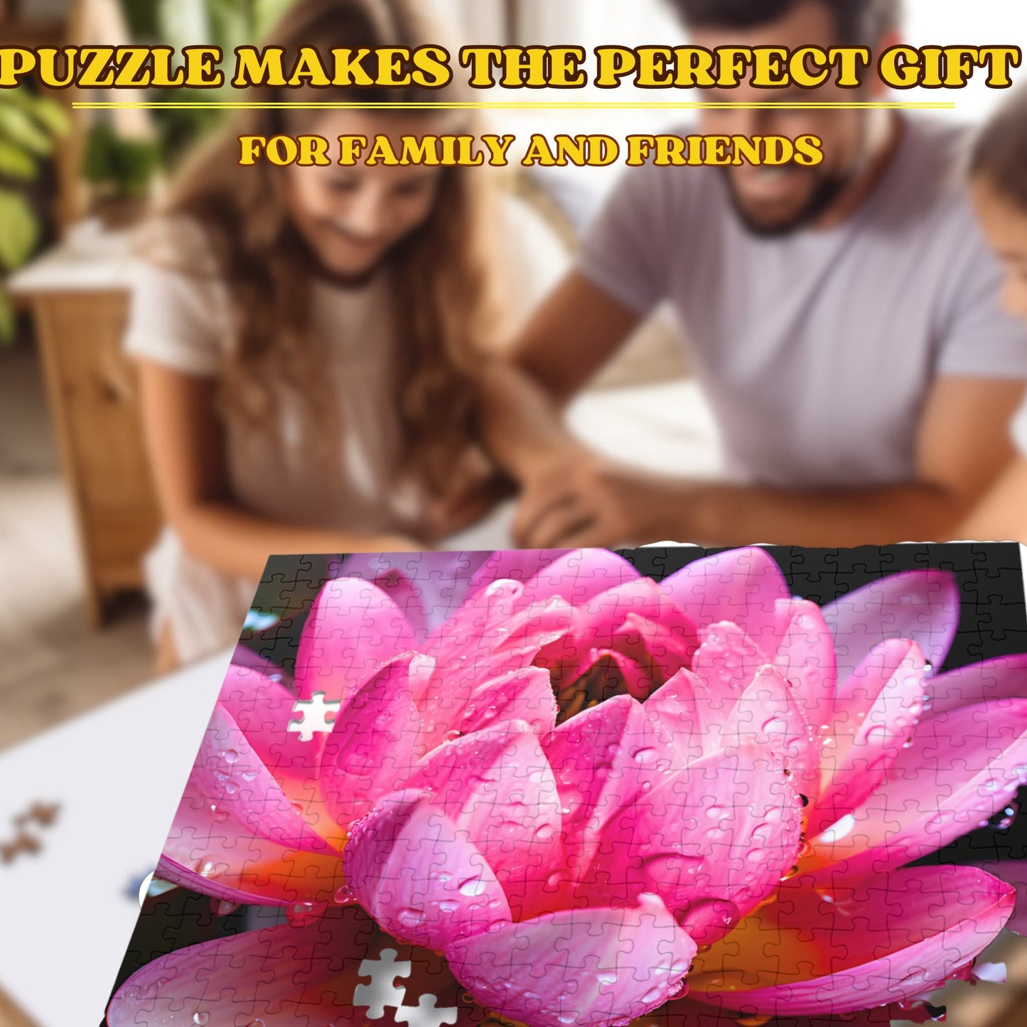 Joyful family moment capturing parents and children engaged in assembling the 500-piece Nelumbo Nucifera flower puzzle, epitomizing fun and educational bonding time.