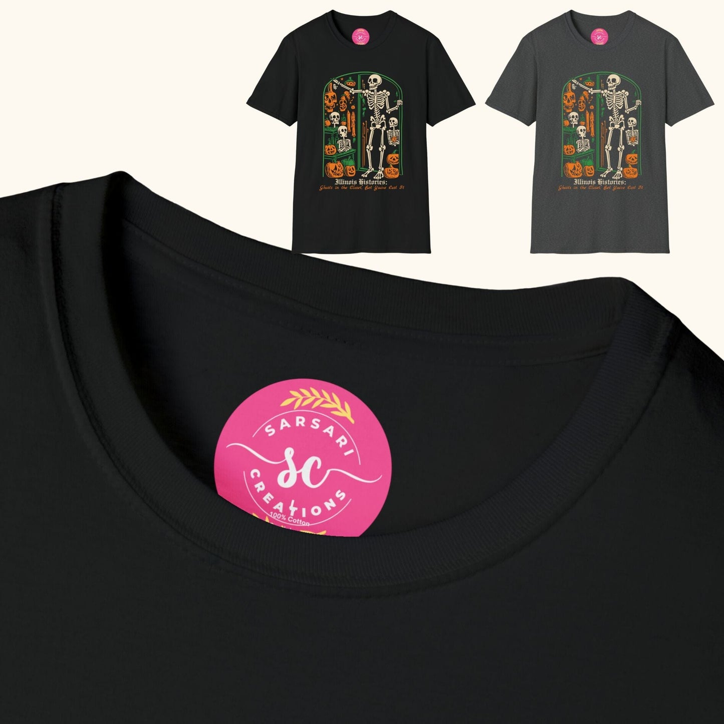 Close-up of collar fabric and snapshot of Illinois Vintage Creepy 2023 Skeleton Printed Gildan G6400 Halloween Shirts