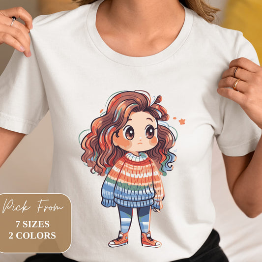 Model relaxing on a couch wearing the Kawaii Girl Cartoon Aesthetic Tee with a vibrant rainbow design, embodying comfort and positivity.