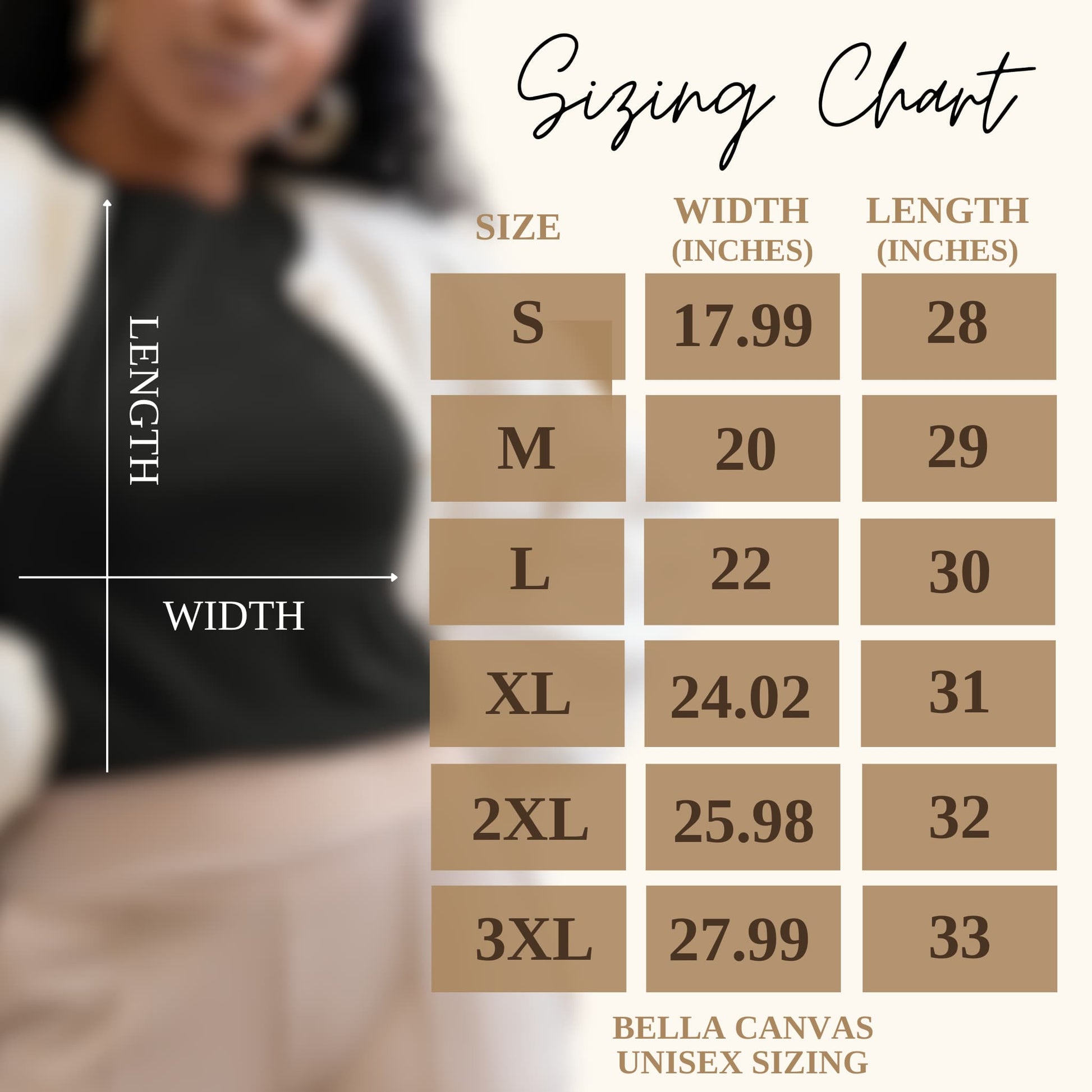 Model displaying the Kawaii Girl Tee alongside a size chart, helping customers find their perfect fit with ease and confidence.