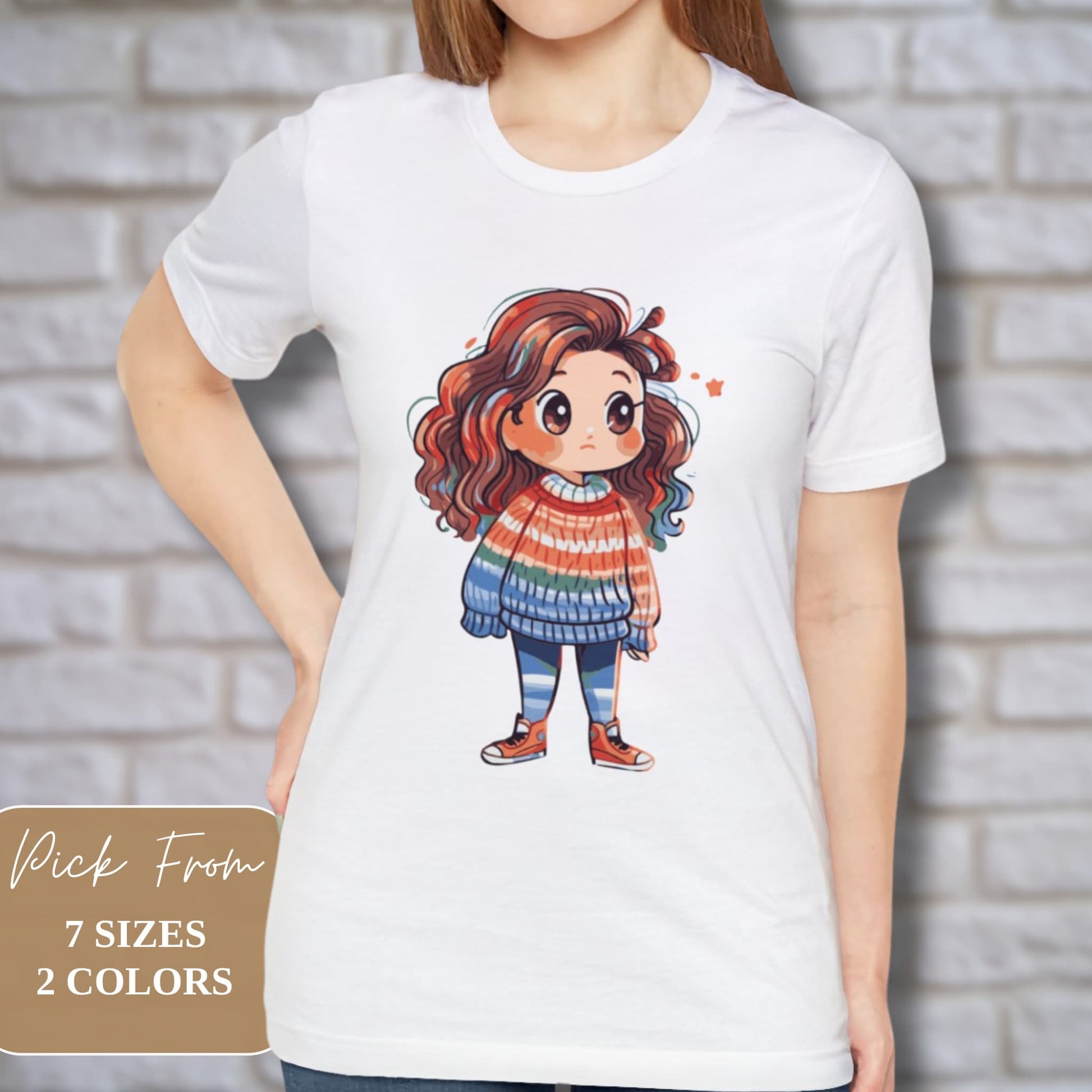 Fashion-forward pose against a wall, showcasing the Kawaii Girl Cartoon Aesthetic Tee in natural light, highlighting the tee's playful charm.