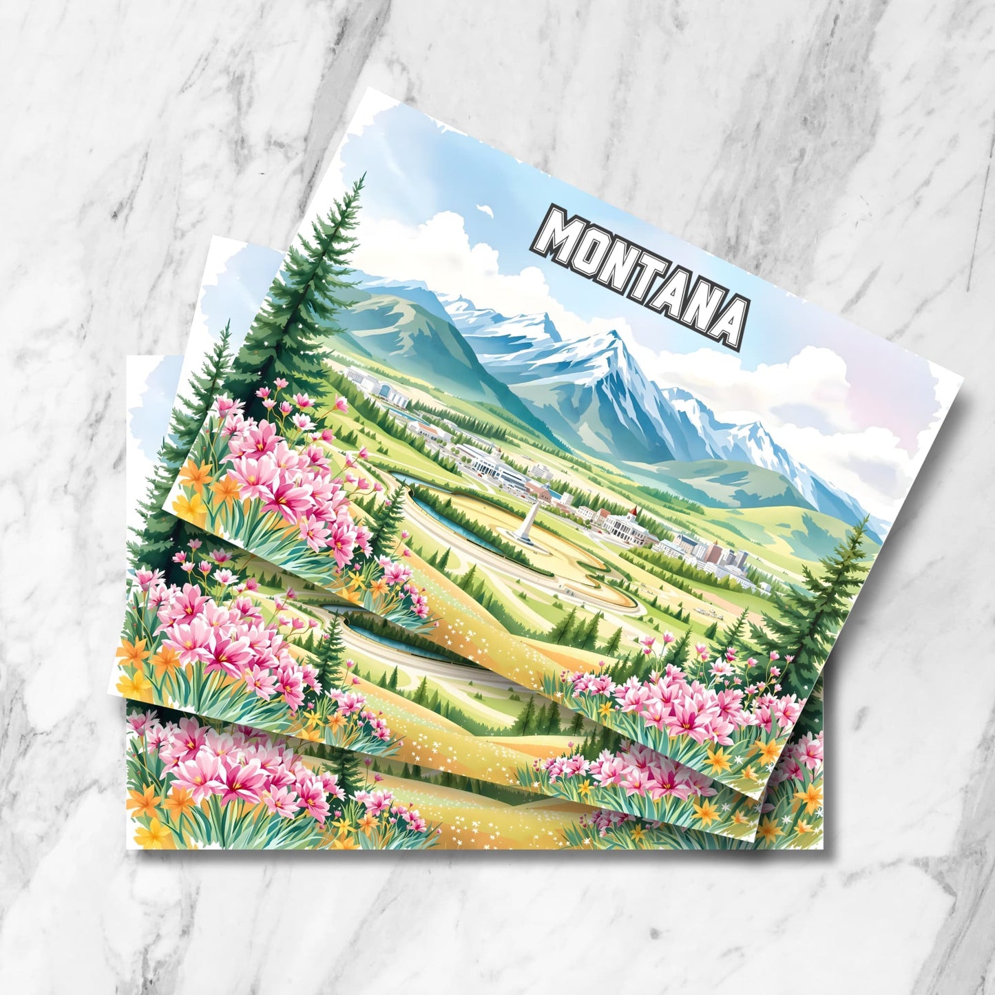 Illustrated postcard of Montana mountain vista with spring wildflowers and alpine skyline – instant digital download.