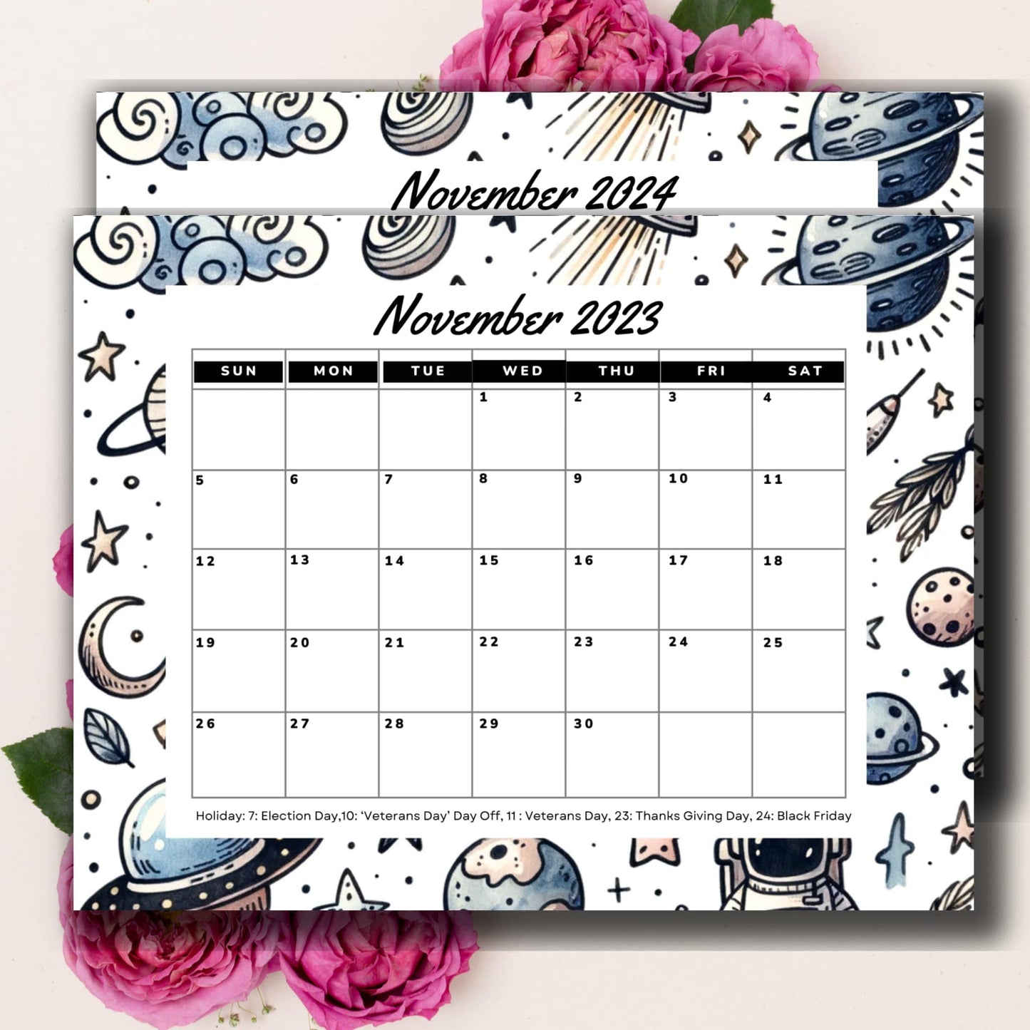 Space-themed November 2023 & 2024 A4 calendar printout accentuated with beautiful pink flowers.