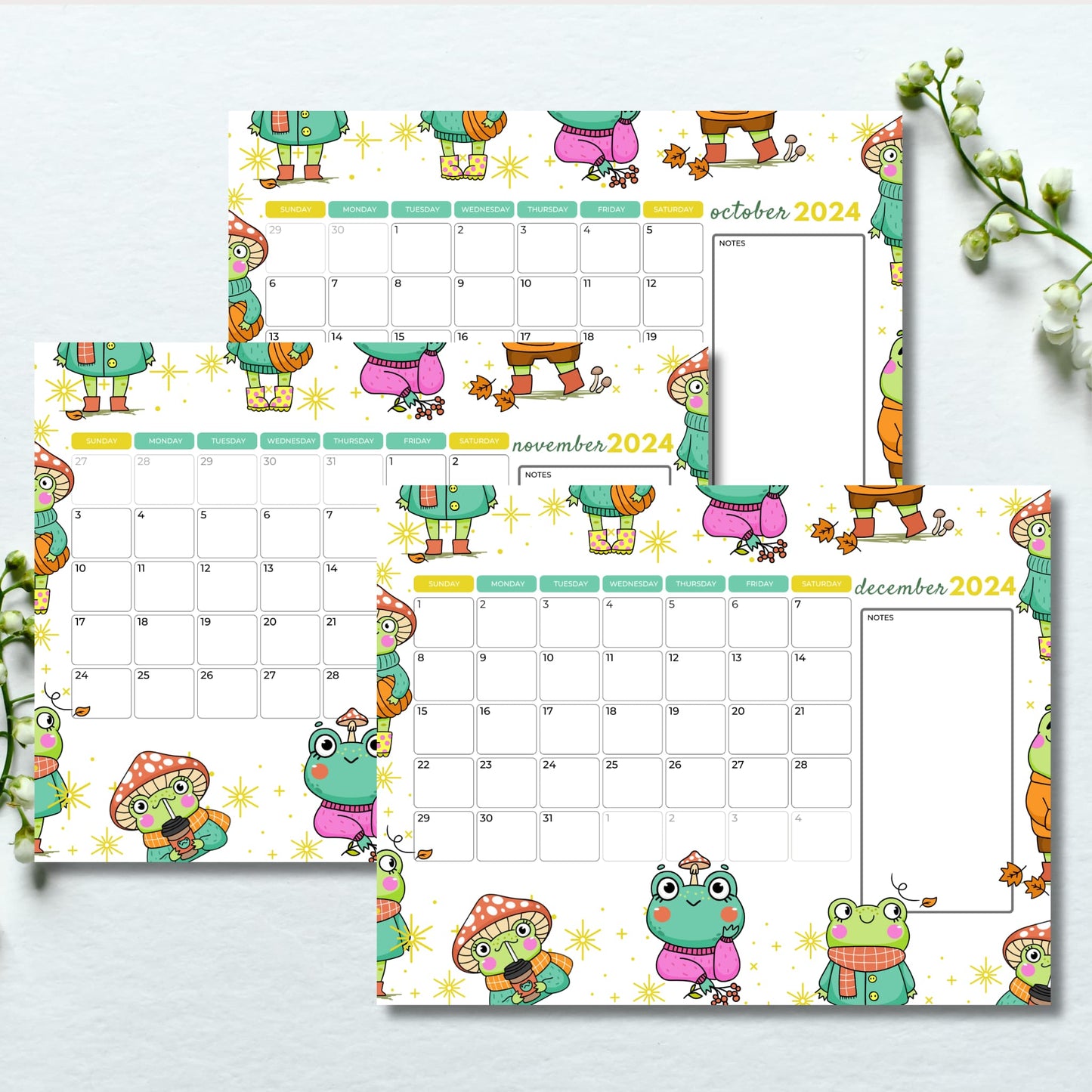 October November & December 2024 Calendar Free Printables with notes against white background with flowers on the side