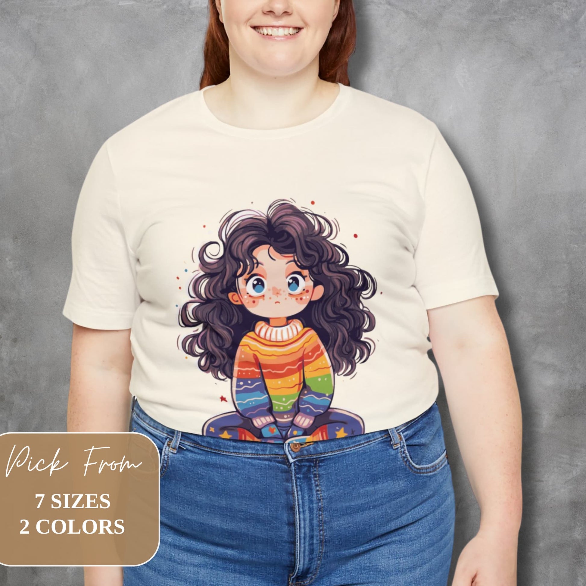 Oversized fashion model against a minimalist grey background highlighting the Y2K Rainbow Girl tee's universal appeal.