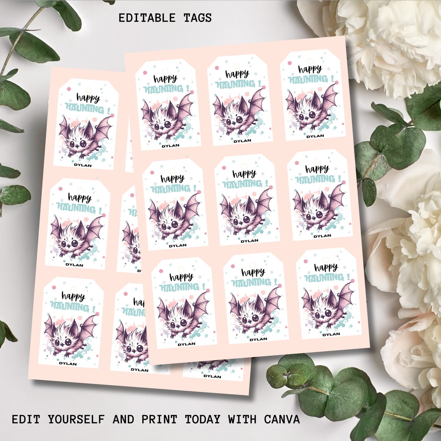 Full sheet of editable and free-to-print Halloween tags.