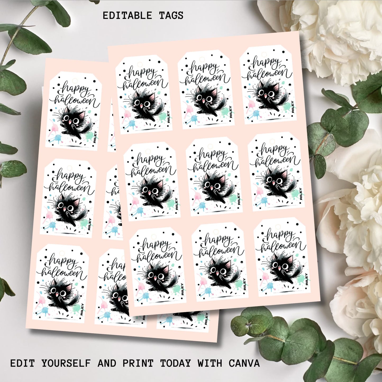 Sheet displaying black and white Halloween tags ready for printing