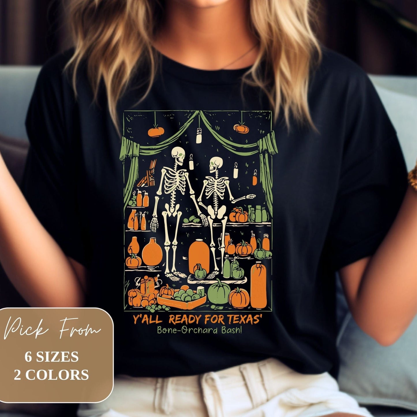 Female model wearing Texas Vintage Creepy 2023 Skeleton in Closet Printed Graphic Scary Halloween Black Gildan G6400 Shirt
