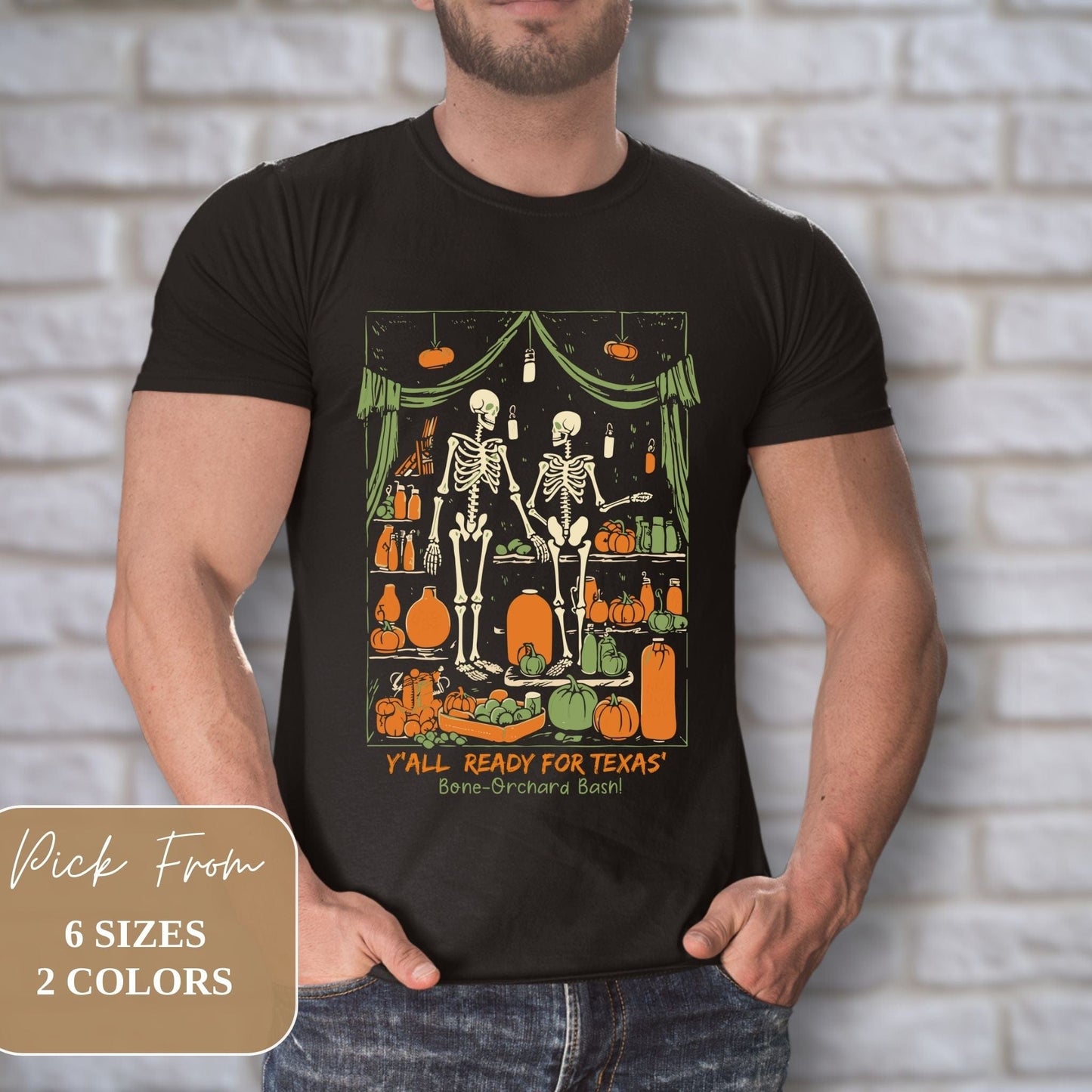 Male model sporting Texas Vintage Creepy 2023 Skeleton in Closet Printed Graphic Scary Halloween Dark Grey Gildan G6400 Shirt