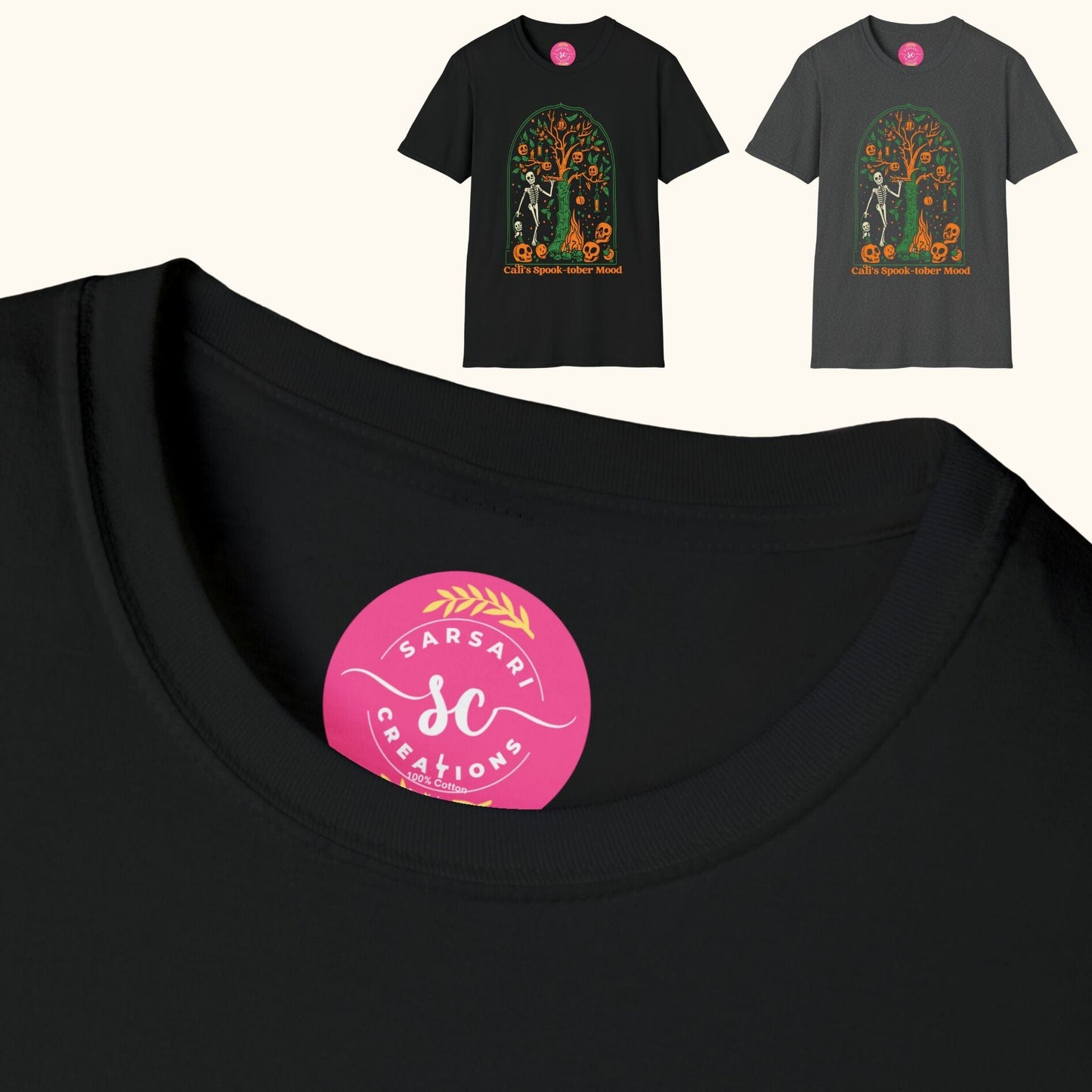 Close-up of collar fabric and shirt texture for Trendy California Halloweentown 2023 Skeleton Printed Gildan G6400 Tee