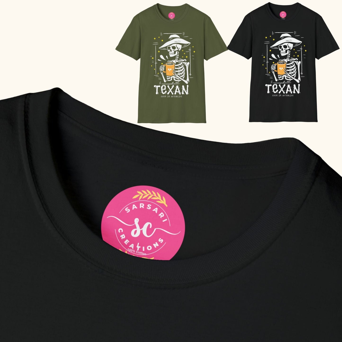 Close-up of collar fabric and shirt texture for Trendy California Halloweentown 2023 Skeleton Printed Gildan G6400 Tee