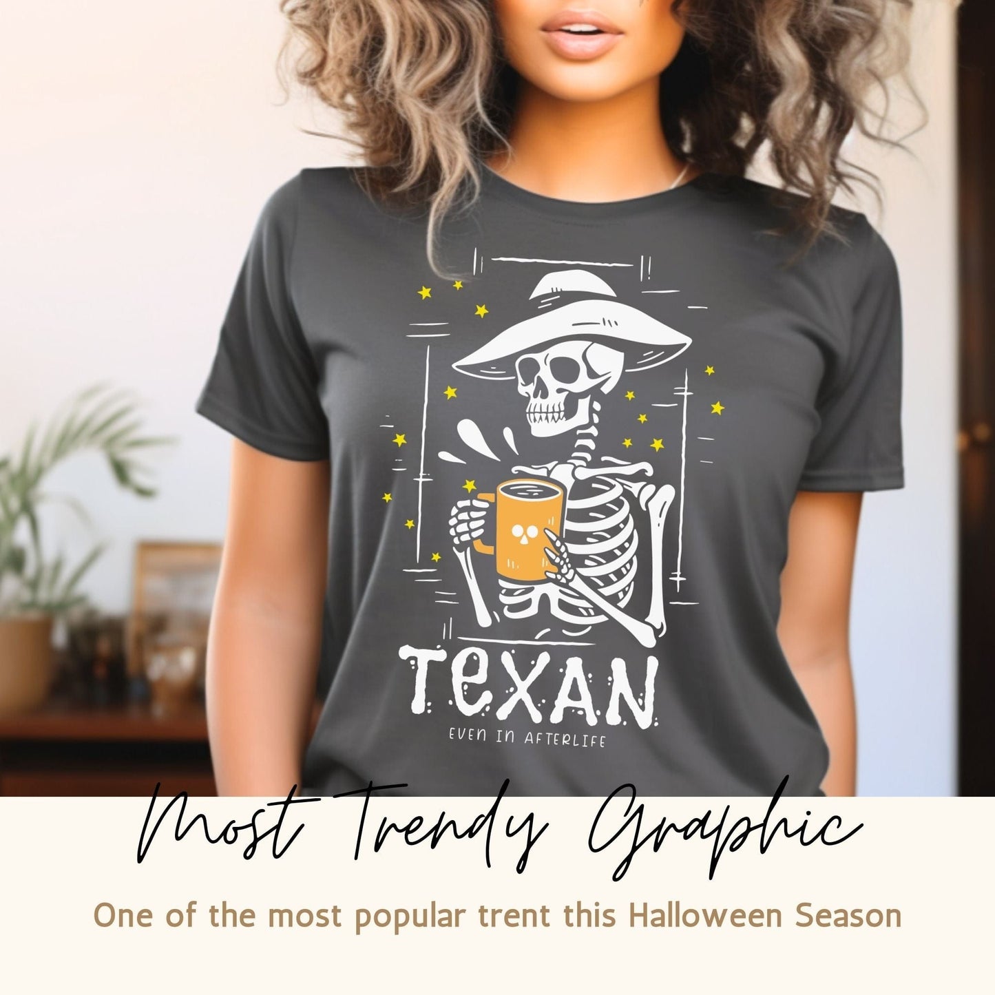 Lifestyle image of Trendy California Halloweentown 2023 Skeleton Printed Gildan G6400 Halloween Tee in a casual setting