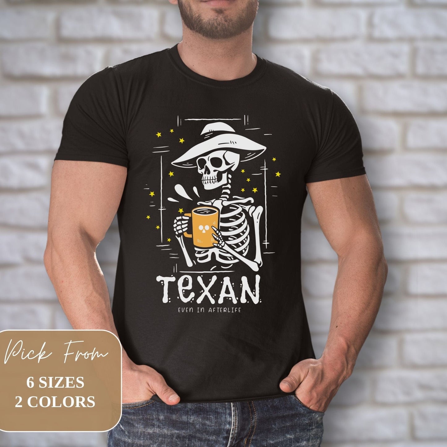 Male model showcasing Trendy California Halloweentown 2023 Skeleton Printed Halloween black Gildan G6400 Shirt